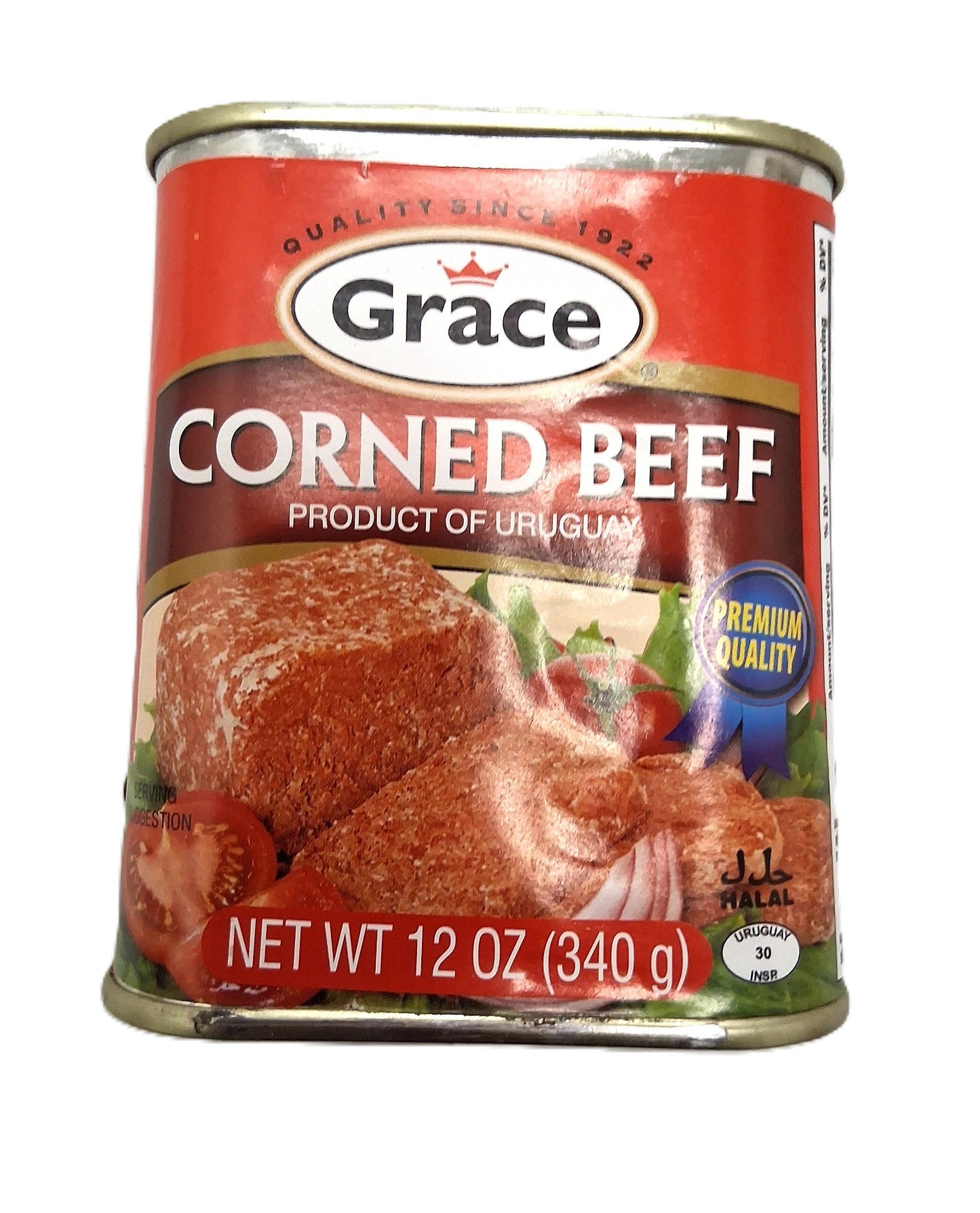 Grace Corned Beef by TOJ EXPRESS, weighing 12 oz (340 g), displays Product of Uruguay and Premium Quality. The halal-certified product features sliced corned beef with tomatoes on its packaging, ensuring a premium beef experience.