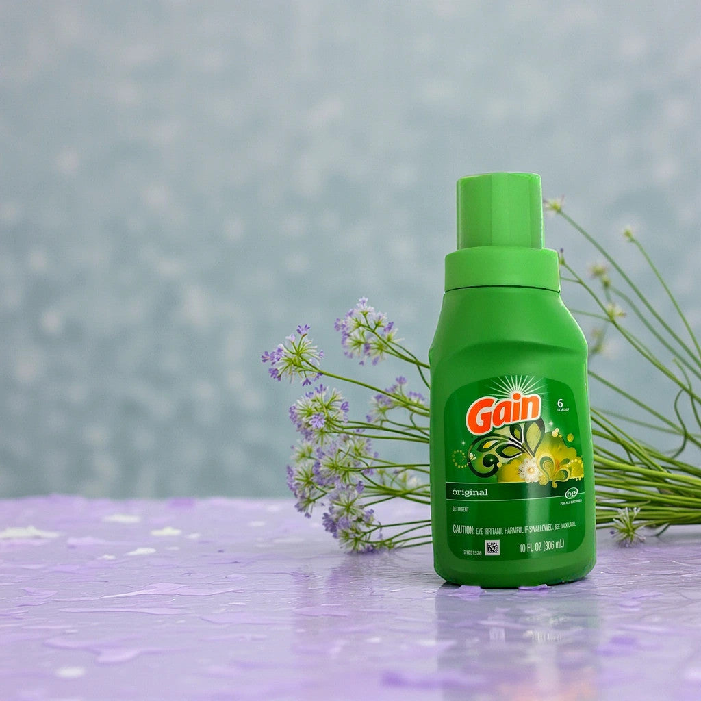 A 10 oz green bottle of TOJ EXPRESS Gain Liquid Detergent features floral swirls on the label, promising an original formula with strong stain removal and a fresh scent. Caution details are at the bottom.