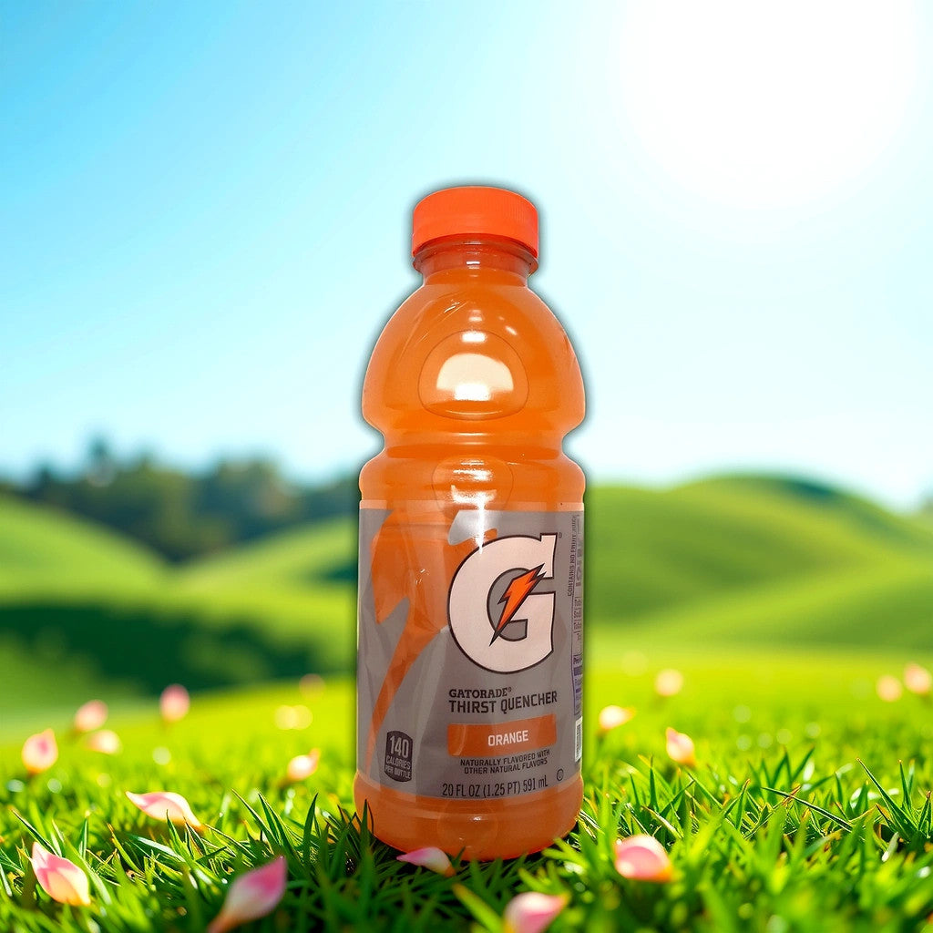 A 20 oz bottle of TOJ EXPRESS Gatorade Orange Drink rests on grassy terrain with pink flowers. The vibrant sports drink reflects the sun among green hills and a bright blue sky, ready to quench thirst and replenish electrolytes.