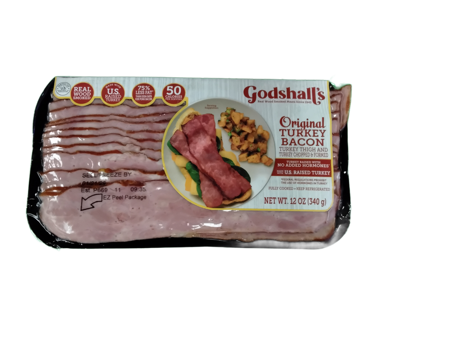 Package of Godshall's Original Turkey Bacon on a white background