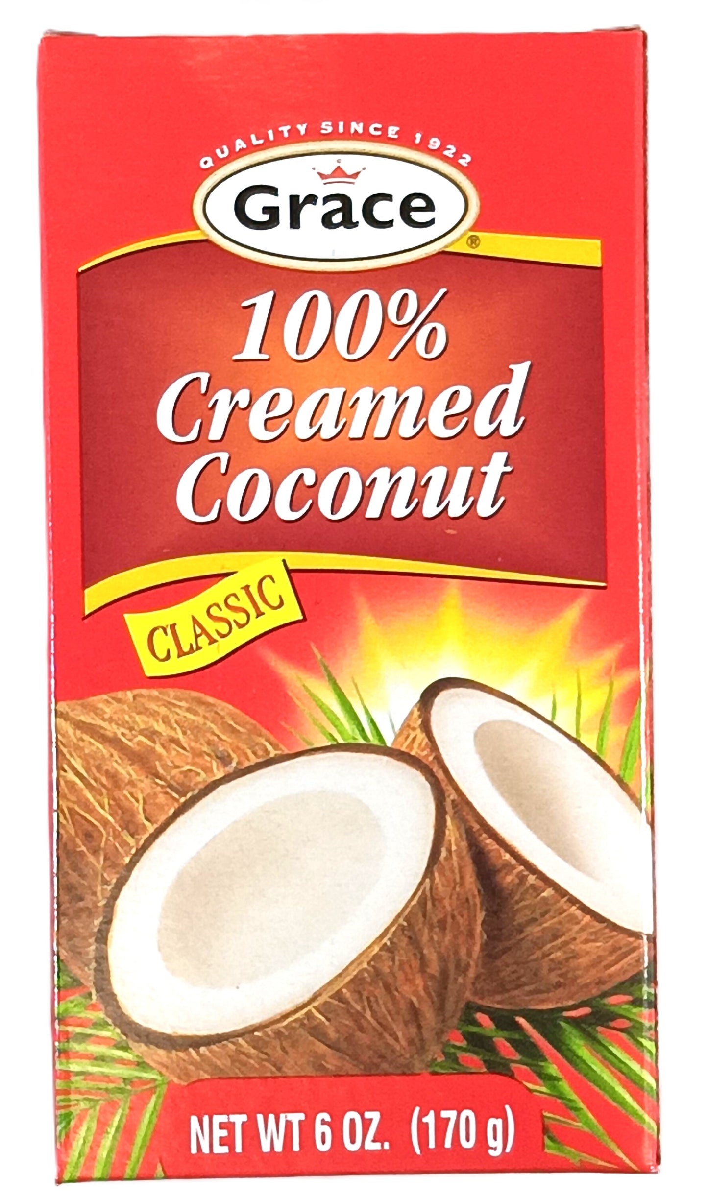 The red packaging for TOJ EXPRESS Grace Coconut Cream Classic features two halved coconuts, states a net weight of 6 oz (170 g), and proudly displays Quality Since 1922, emphasizing this versatile ingredients tropical goodness.