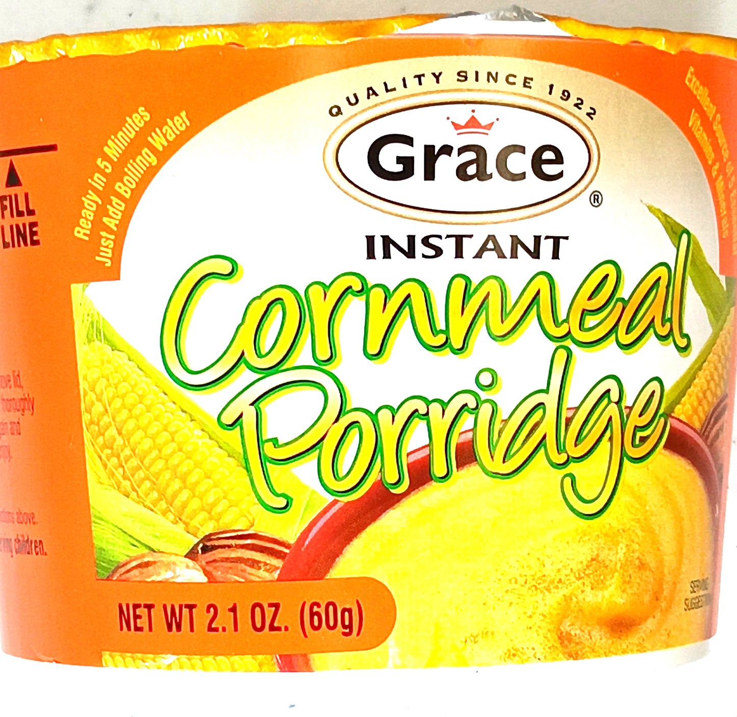 The Grace Cornmeal Porridge by TOJ EXPRESS has packaging with a bright orange background, showcasing corn images and a steaming bowl. Its highlighted as a 60g product, ideal for breakfast, ready in just 5 minutes with boiling water.
