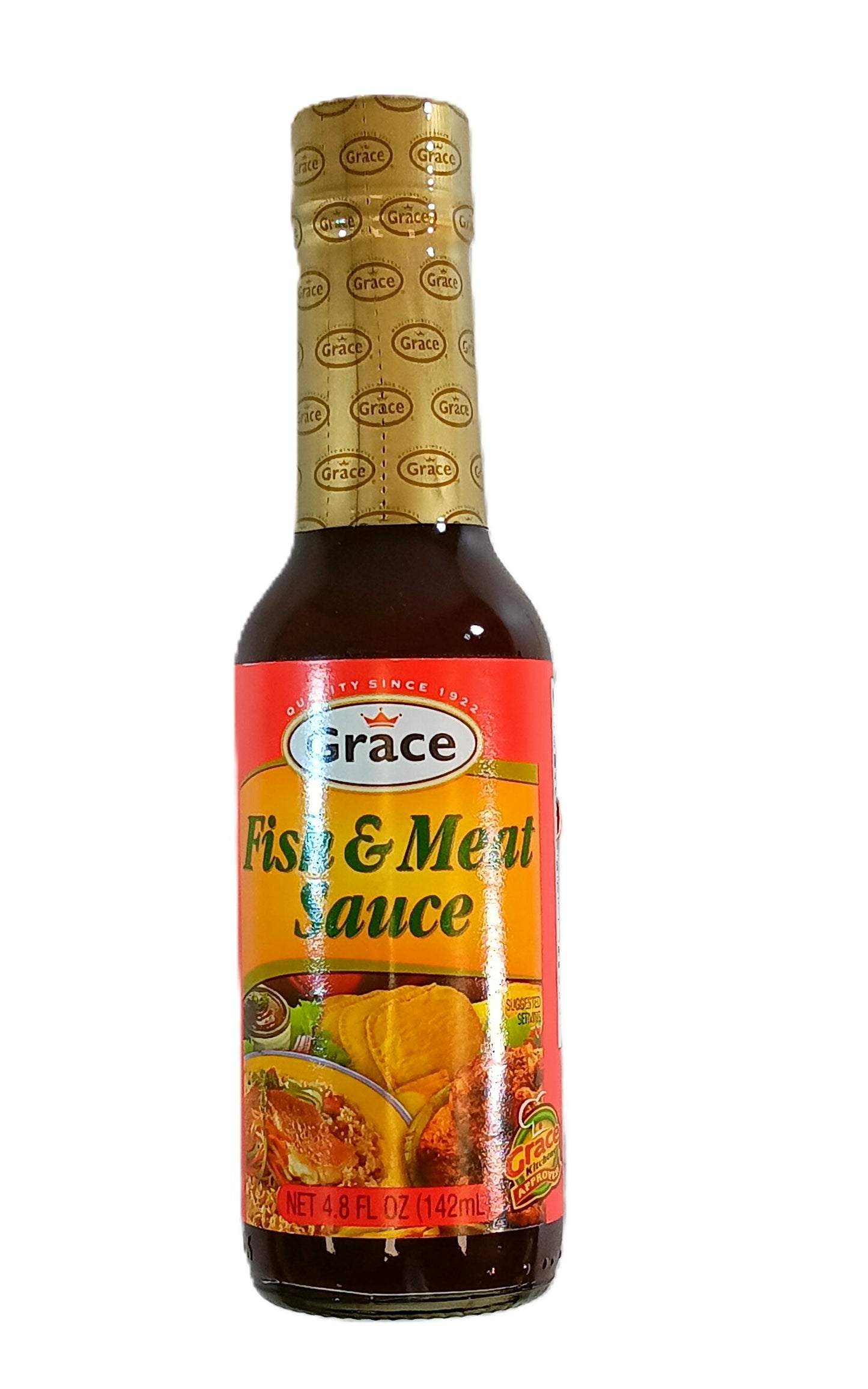 A 142ml Grace Fish & Meat Sauce bottle by TOJ EXPRESS boasts high-quality ingredients, a gold cap, a red label with fish and meat images, and the product name alongside the Grace logo.