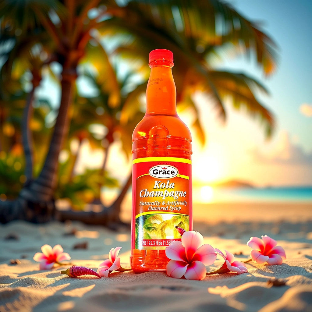 TOJ EXPRESSs Grace Kola Champagne Syrup offers an authentic taste with natural and artificial flavors. The orange bottle, featuring tropical palm designs, contains 25.3 fl oz (750 mL) of delightful syrup.