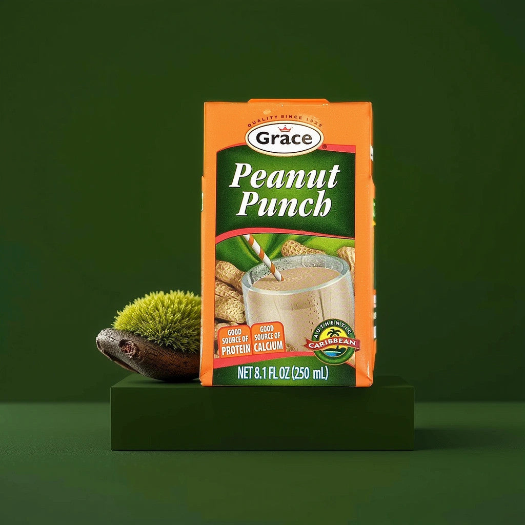 An 8.1 FL OZ (250 mL) Grace Peanut Punch Drink by TOJ EXPRESS features imagery of real peanuts and a glass with a straw. Its labeled Authentic Caribbean and highlighted as a good source of protein and calcium.