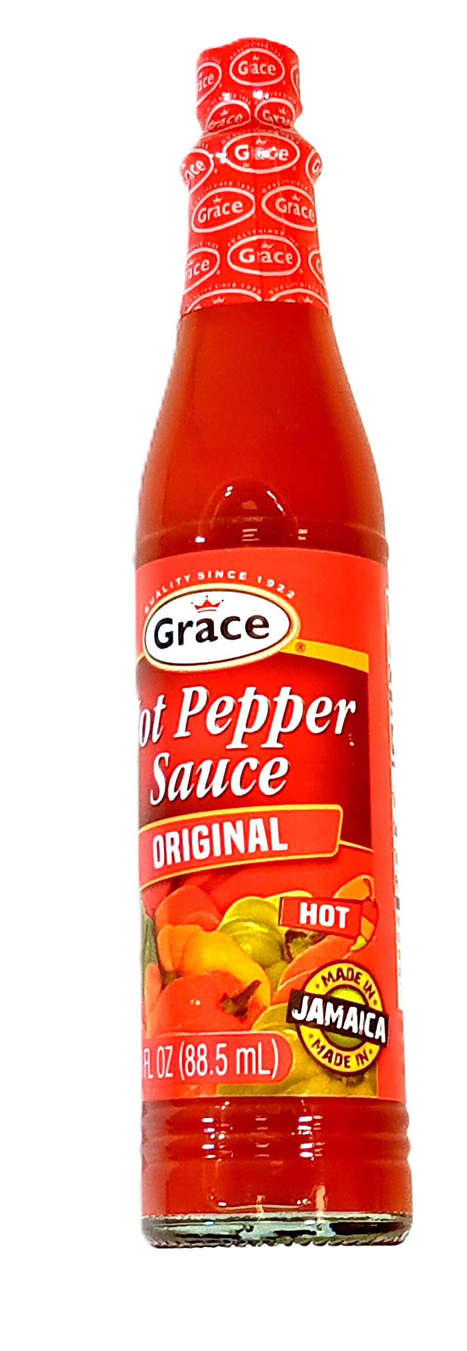 Discover the fiery essence of Grace Hot Pepper Sauce (3oz) by TOJ EXPRESS. The vibrant red packaging features Jamaican hot peppers and a Hot label, showcasing its authentic Jamaican roots.