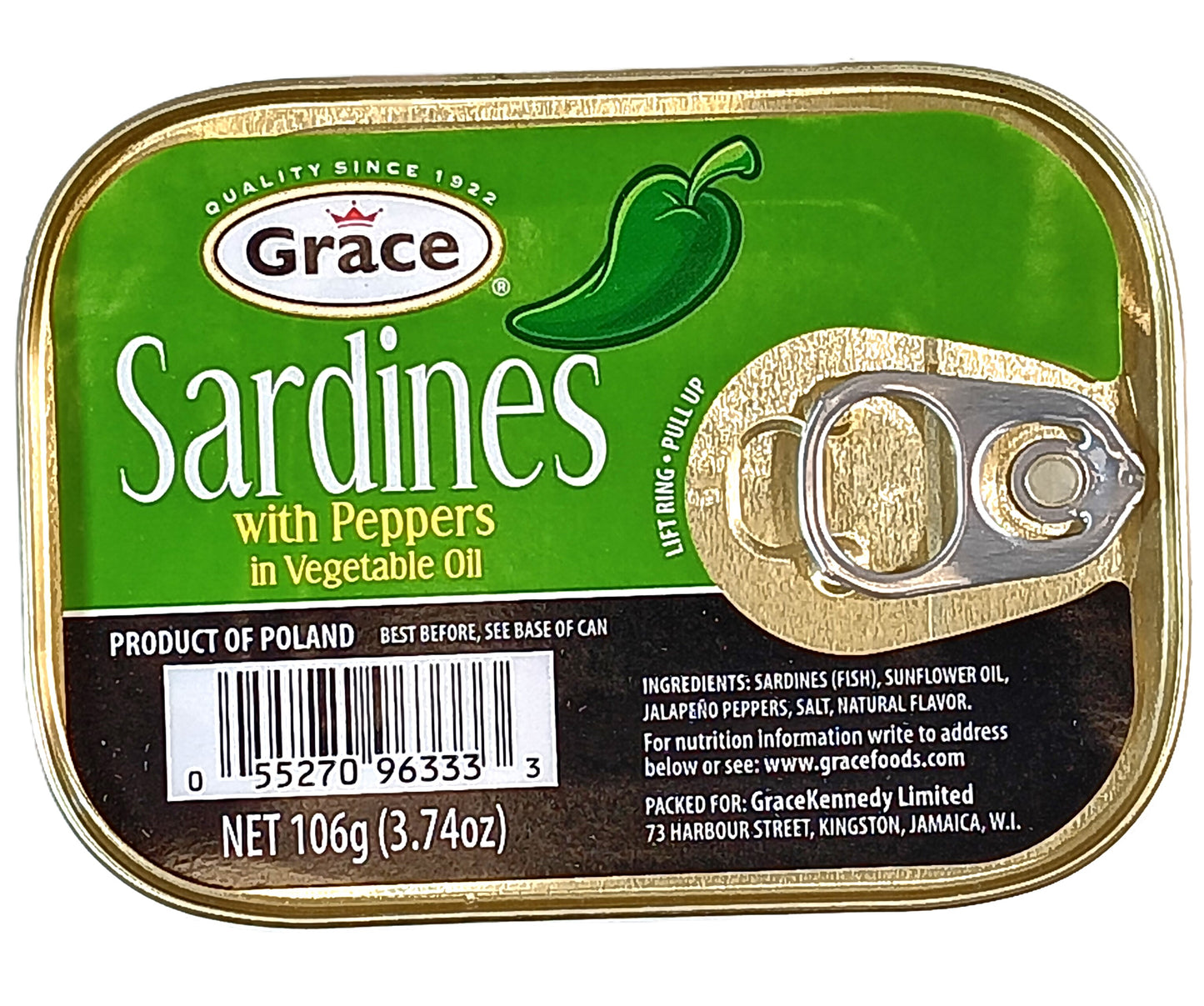 A can of TOJ EXPRESS Grace Sardines features a green label with a pepper image, signifying its spicy twist. Weighing 106g (3.74oz), this Polish-made product is rich in omega-3 fatty acids and includes a pull-tab for easy opening.