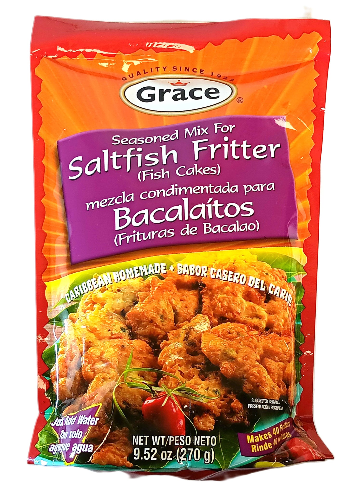 The TOJ EXPRESS Grace Salt Fish Fritters Mix package, with English and Spanish labeling, showcases golden-brown fritters and reads Caribbean Homemade and Just Add Water, containing 9.52 oz (270g).