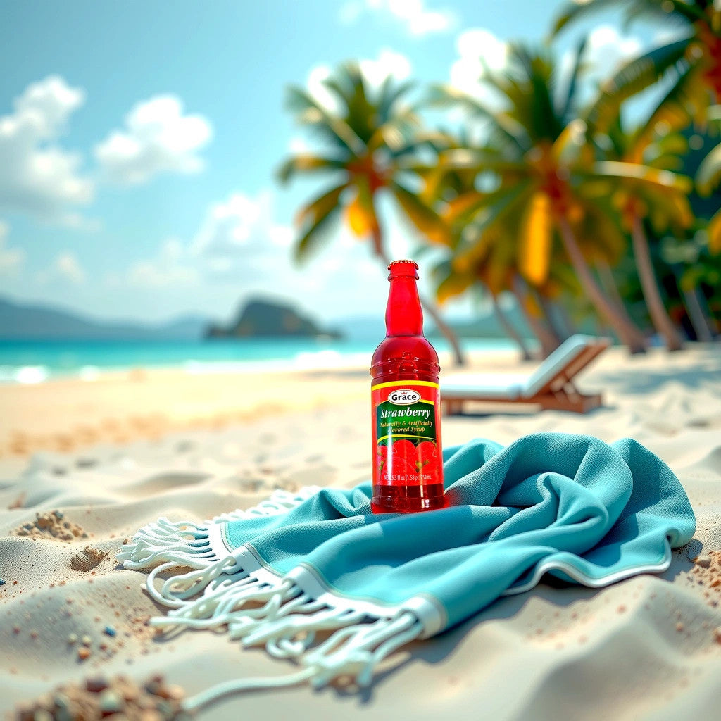 The Grace Strawberry Syrup by TOJ EXPRESS, ideal for pancakes, comes with a red cap. Its label features strawberries and reads: Strawberry Naturally & Artificially Flavored Syrup, NET 25.3 fl oz (1.58 pt) 750 mL, emphasizing its blend of natural and artificial flavors.