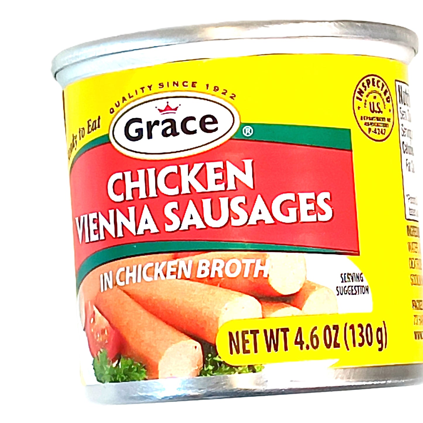 The Grace Vienna Chicken Sausages by TOJ EXPRESS come in a 4.6 oz (130g) can with a yellow and red label, featuring sausage illustrations as serving suggestions. These low-fat, ready-to-eat sausages are in chicken broth.