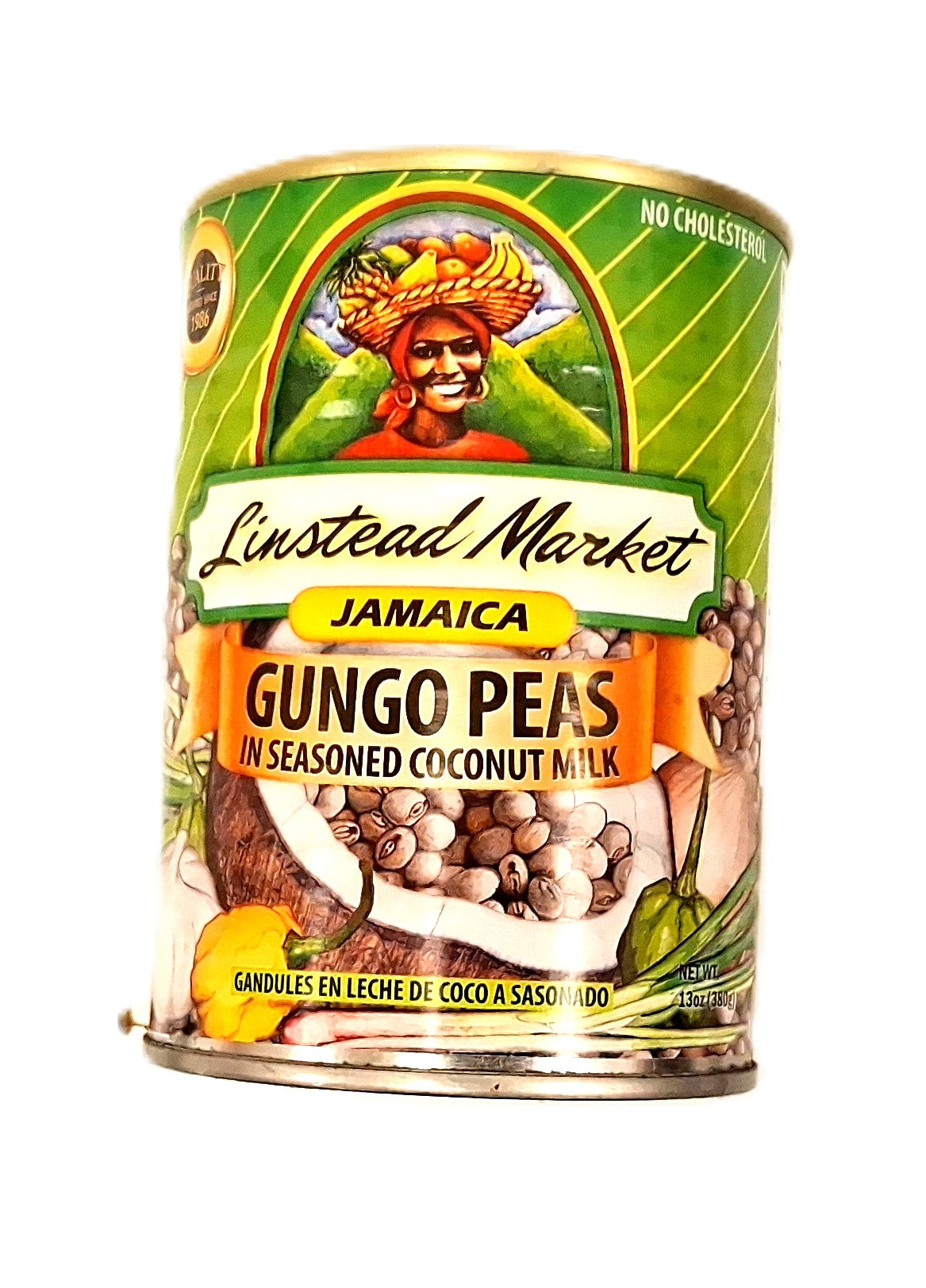 A can of TOJ EXPRESS Linstead Market Gungo Peas in Coconut Milk, a true Jamaican staple, boasts a label featuring a woman in traditional attire with fruits on her head, alongside gungo peas and coconut pieces.