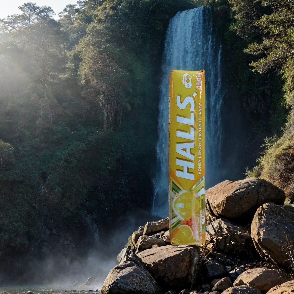 A large pack of TOJ EXPRESS Halls Cough Drops-Honey Lemon stands upright on rocks before a scenic waterfall, trees, and mist, highlighting their soothing cough relief in the heart of nature.