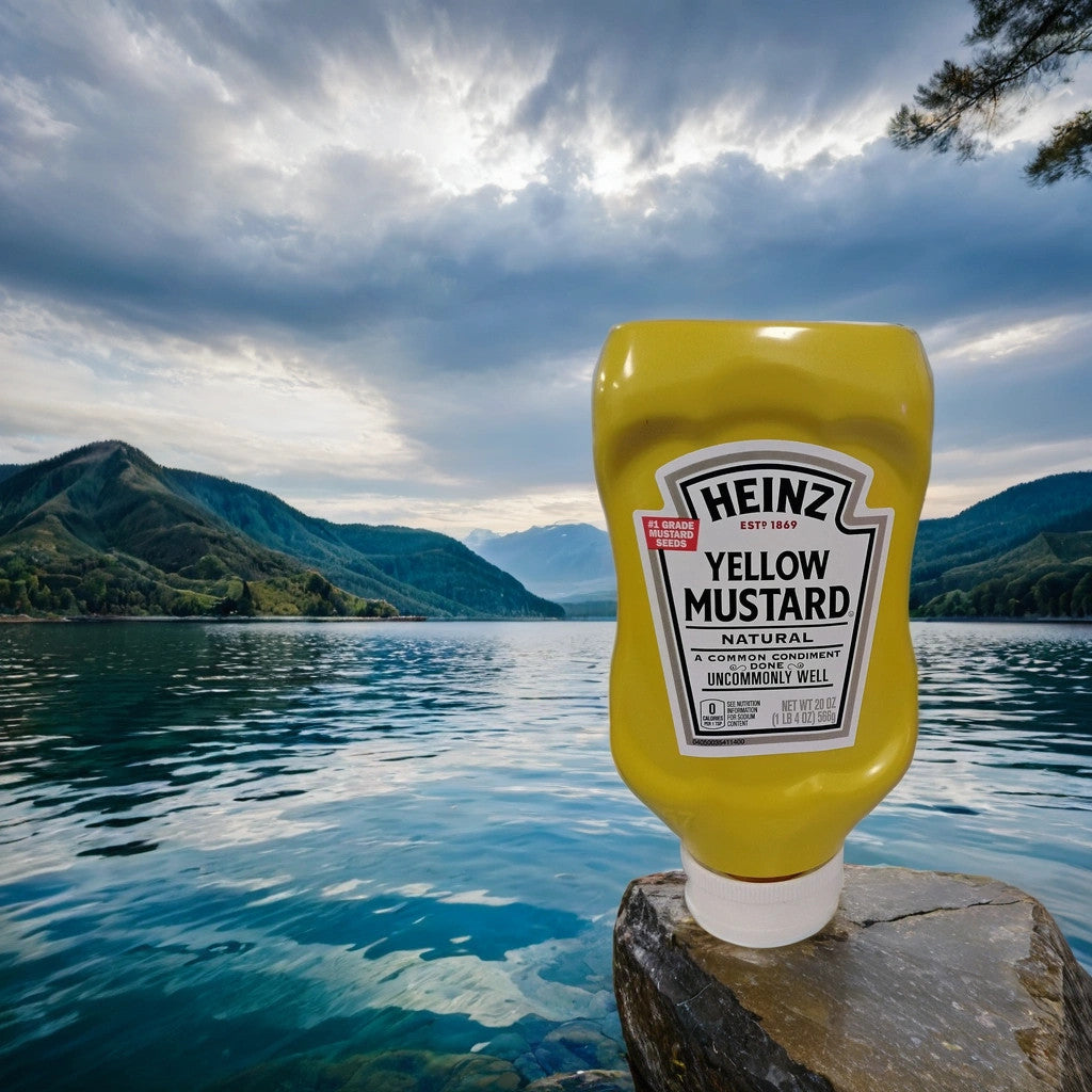 A bottle of TOJ EXPRESS Heinz Yellow Mustard, famous for its tangy flavor, rests on a rock by a lake with mountains and a cloudy sky in the background.