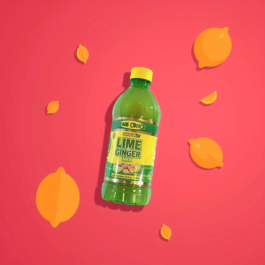 A green plastic bottle labeled Home Choice Lime Ginger Extract by TOJ EXPRESS features vibrant images of lime and ginger on a yellow backdrop. It comes with a yellow cap, holds 16 fl. oz. (454 ml), and invigorates your wellness routine by supporting optimal immune function.
