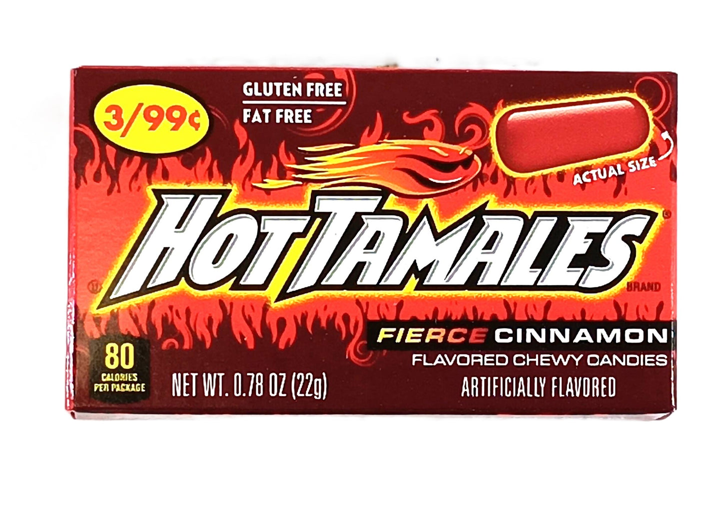 A 0.78 oz box of TOJ EXPRESS Hot Tamales cinnamon candy, with fiery flame designs and labeled Fierce Cinnamon, is gluten-free and fat-free, priced at 3 for 99¢.