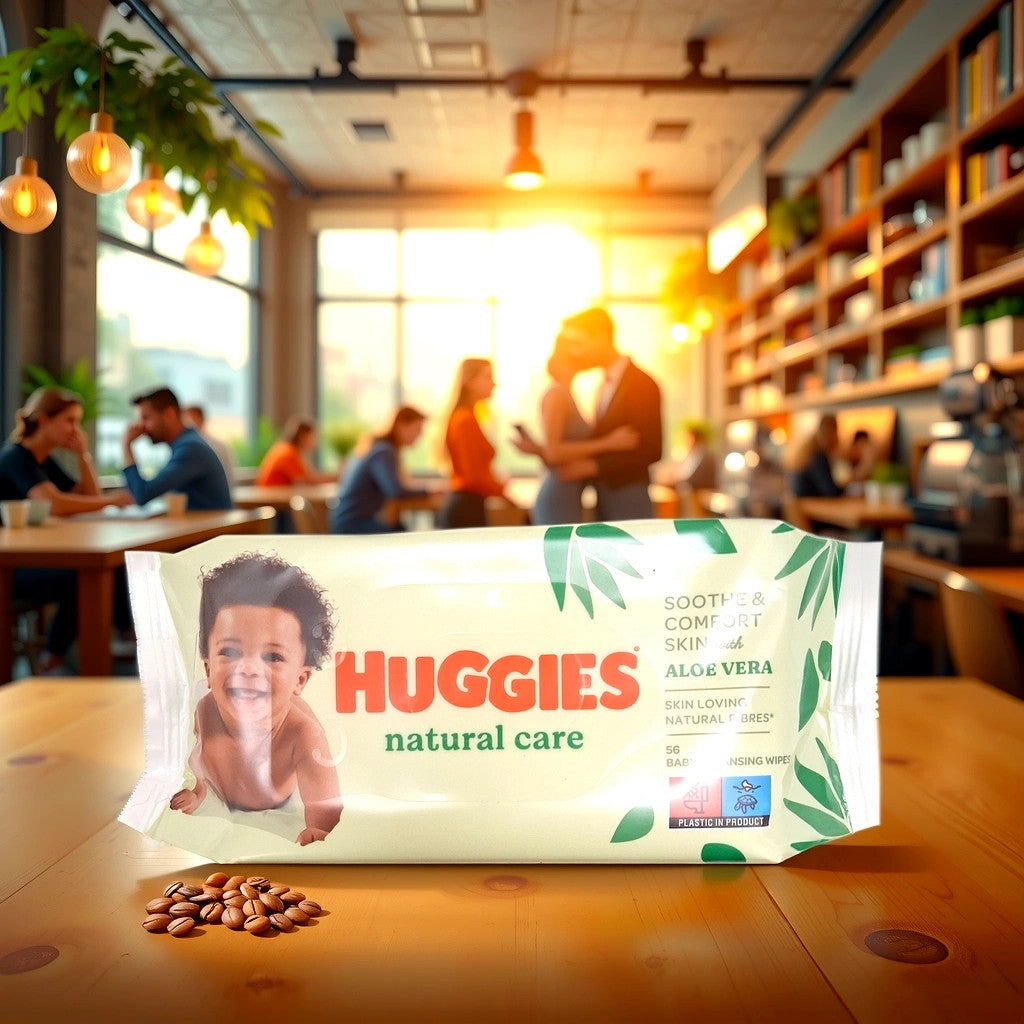 A pack of TOJ EXPRESS Huggies-56 Count wipes rests on a wooden café table, its soothing aloe vera care evident in the babys picture. Warm lighting casts a glow as blurred patrons mingle in the background.