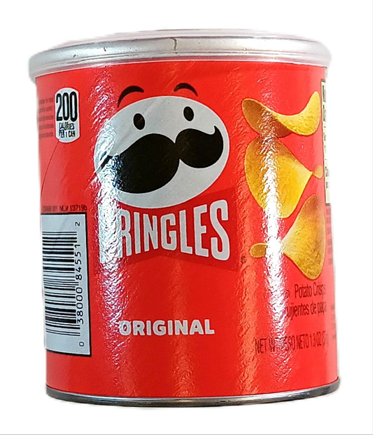 A small red can of TOJ EXPRESS Pringles potato chips is shown. The label features the word Original, stacked chips, and a mustached mascot. Enjoy the satisfying crunch and 200 calories per serving in every bite.