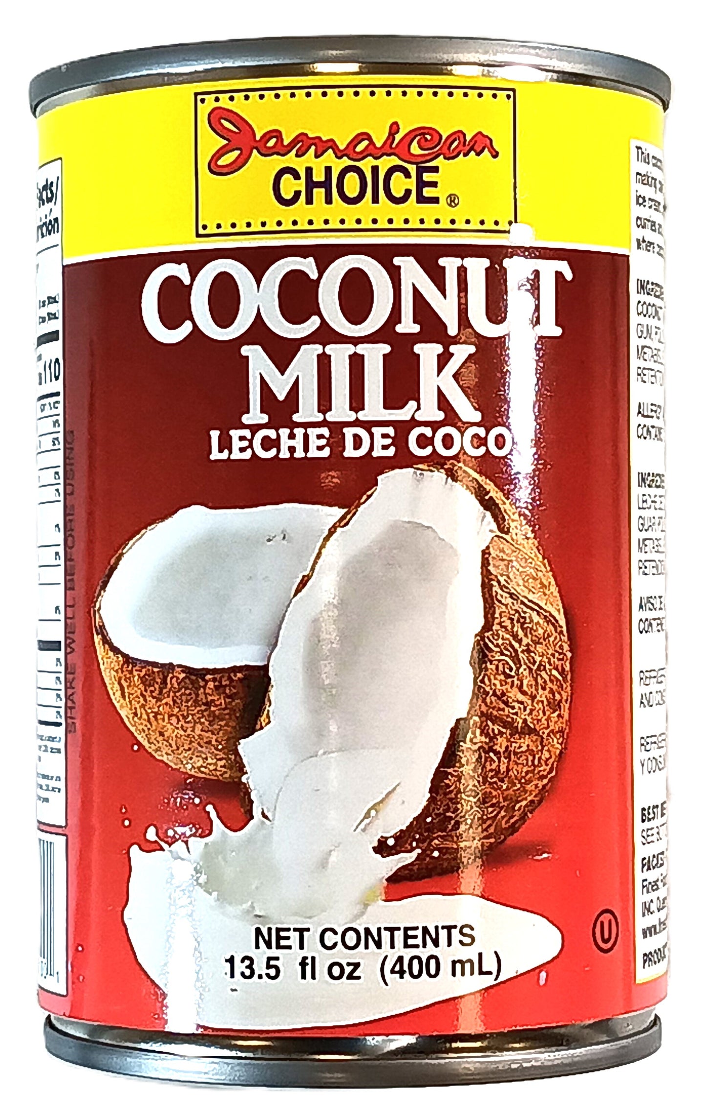 TOJ EXPRESSs Jamaican Choice Coconut Milk, a dairy-free alternative, labeled in English and Spanish, showcases an image of cracked coconuts spilling milk. Its rich in healthy fats and offers a net content of 13.5 fl oz (400 mL).