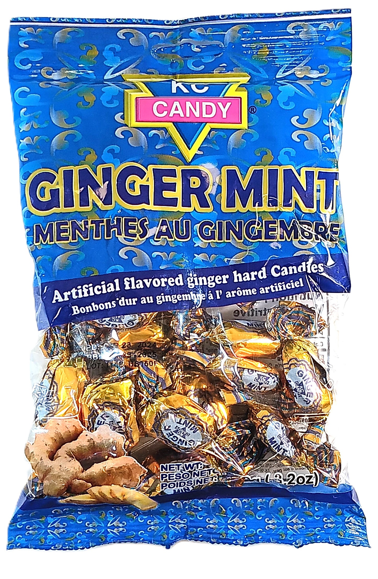 A blue and gold bag of KC GingerMint Candy by TOJ EXPRESS, showing wrapped candies and ginger root. The packaging, in English and French, highlights artificial ginger flavor and possible digestive benefits.