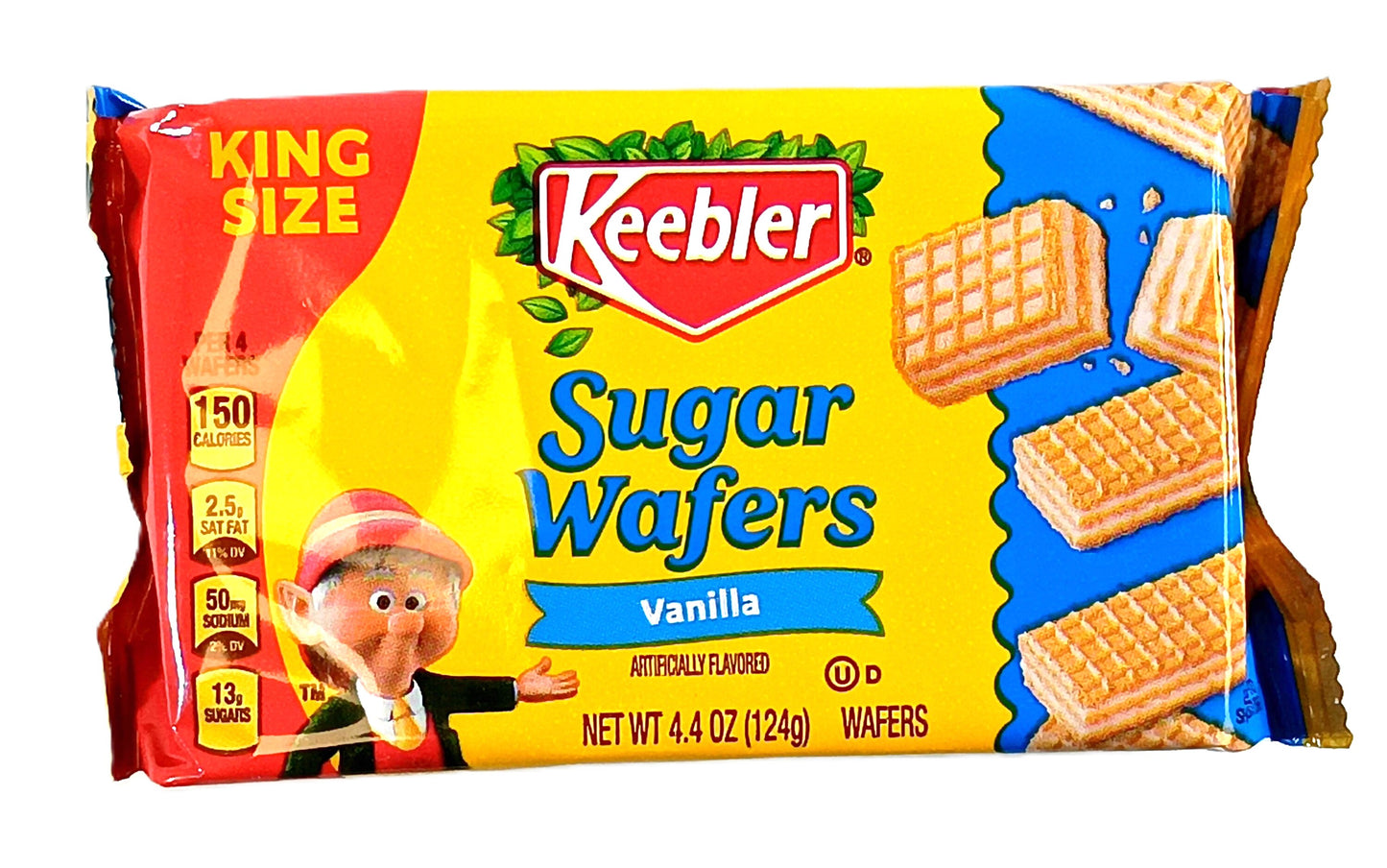 TOJ EXPRESSs Keebler Sugar Wafers, Vanilla, King Size, features crispy wafers and a red-green cartoon on the front. Enjoy this tasty snack with nutritional details visible on the left side.