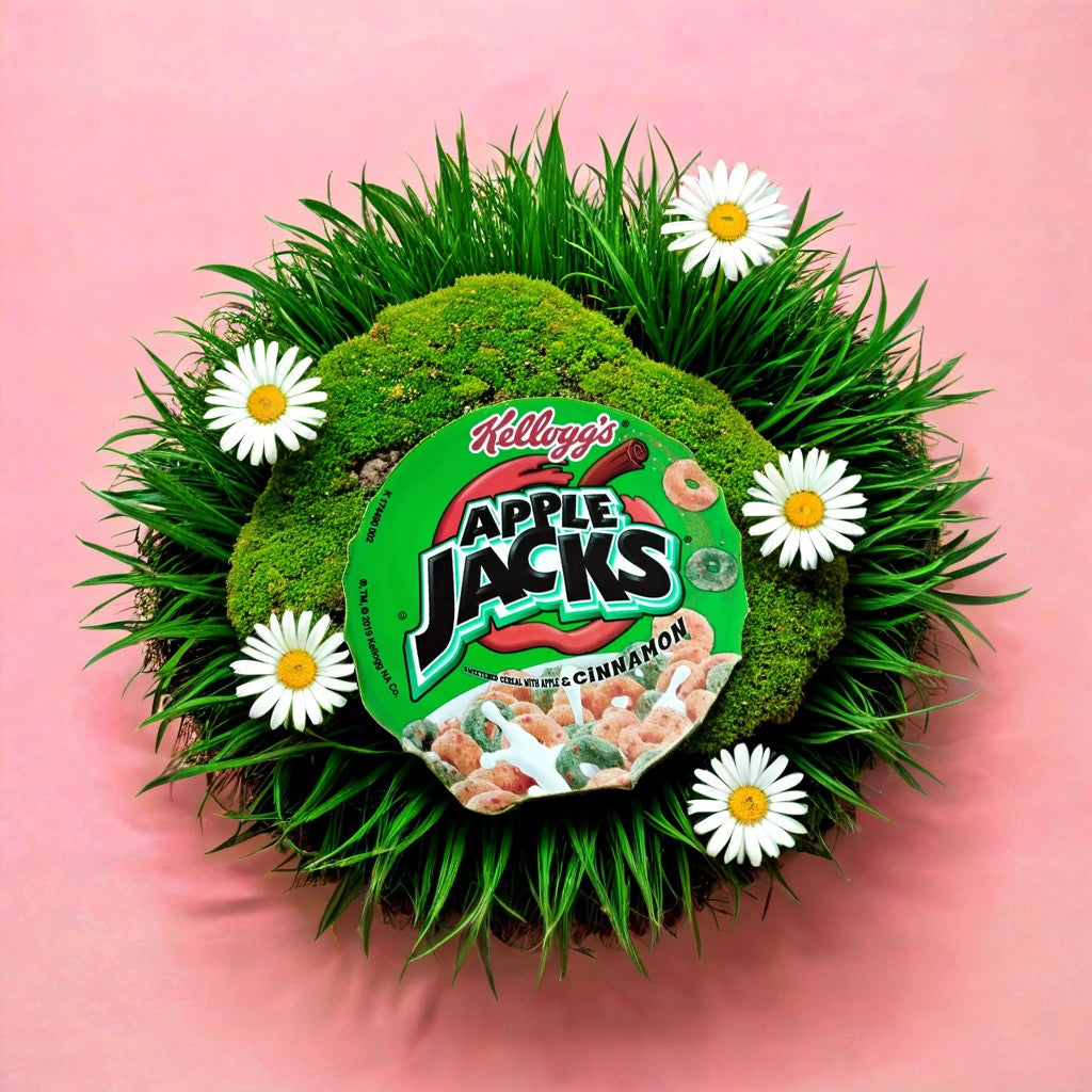 A bowl of TOJ EXPRESS Kellogg’s Apple Jacks (1.5oz) cinnamon-apple cereal rests on green grass and moss, surrounded by white daisies, with a pink background.