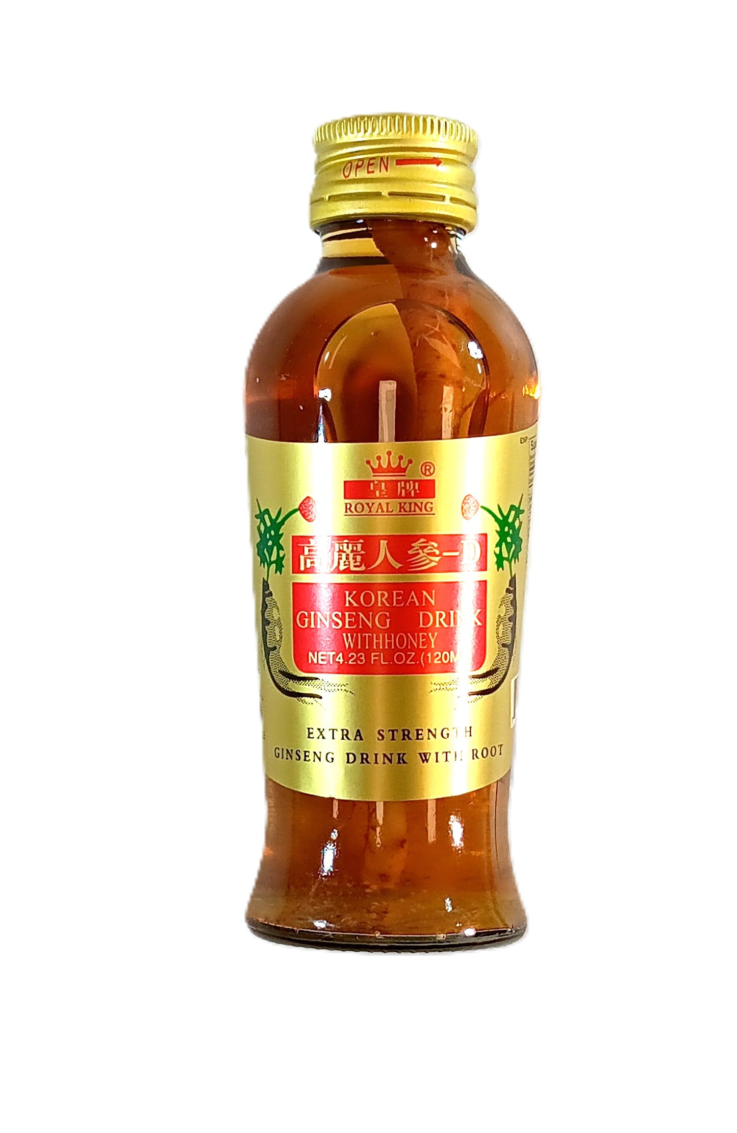 A small brown TOJ EXPRESS bottle labeled Korean Ginseng exudes well-being. The red and gold label with green ginseng illustrations signifies that the 4.23 fl oz (120 ml) drink offers extra strength to boost stamina with real root infusion.