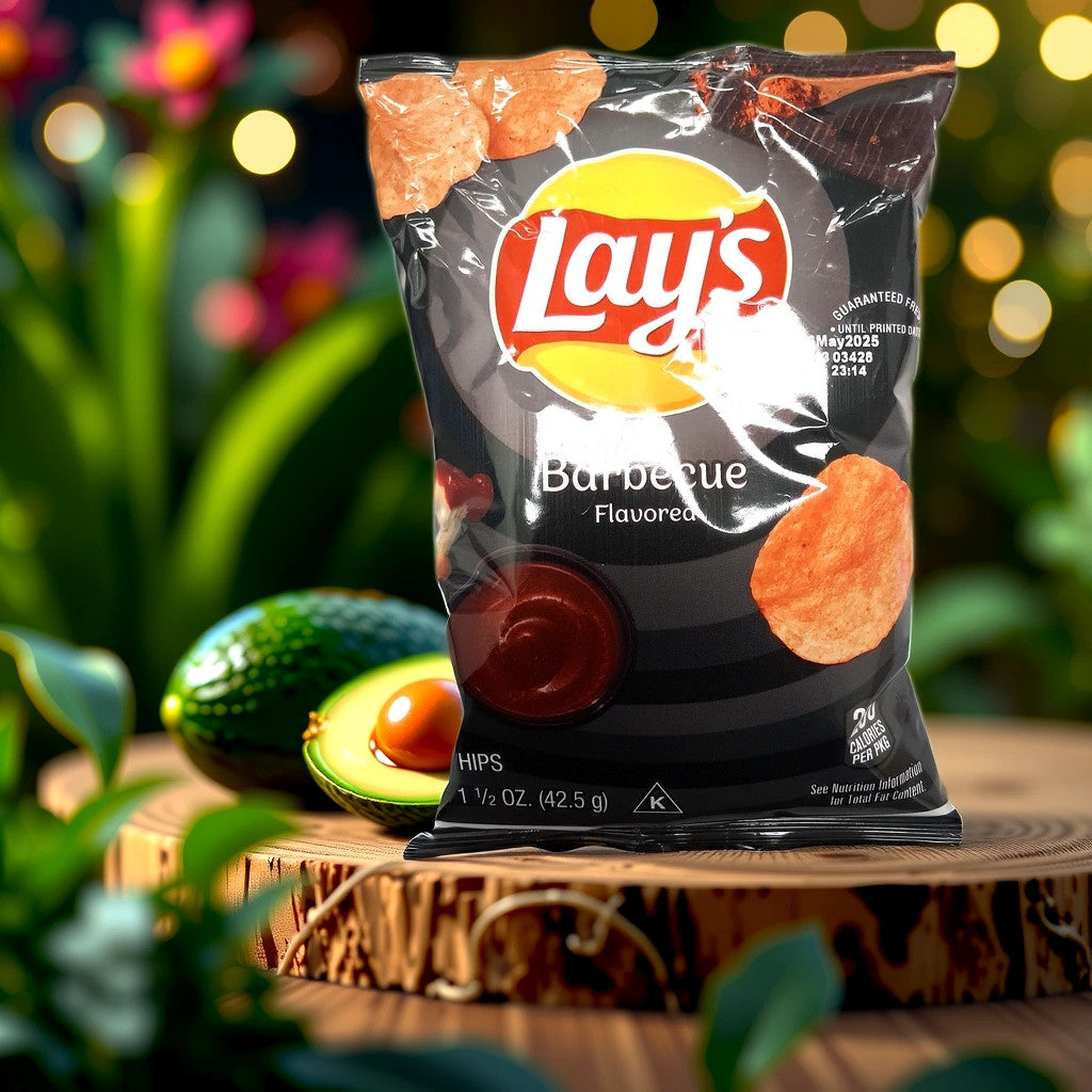 A bag of TOJ EXPRESSs Lays Barbeque Chips rests on a wooden surface outdoors, emanating its smoky flavor. Beside it lies a halved avocado. Blurred greenery and colorful lights enhance the festive BBQ atmosphere.