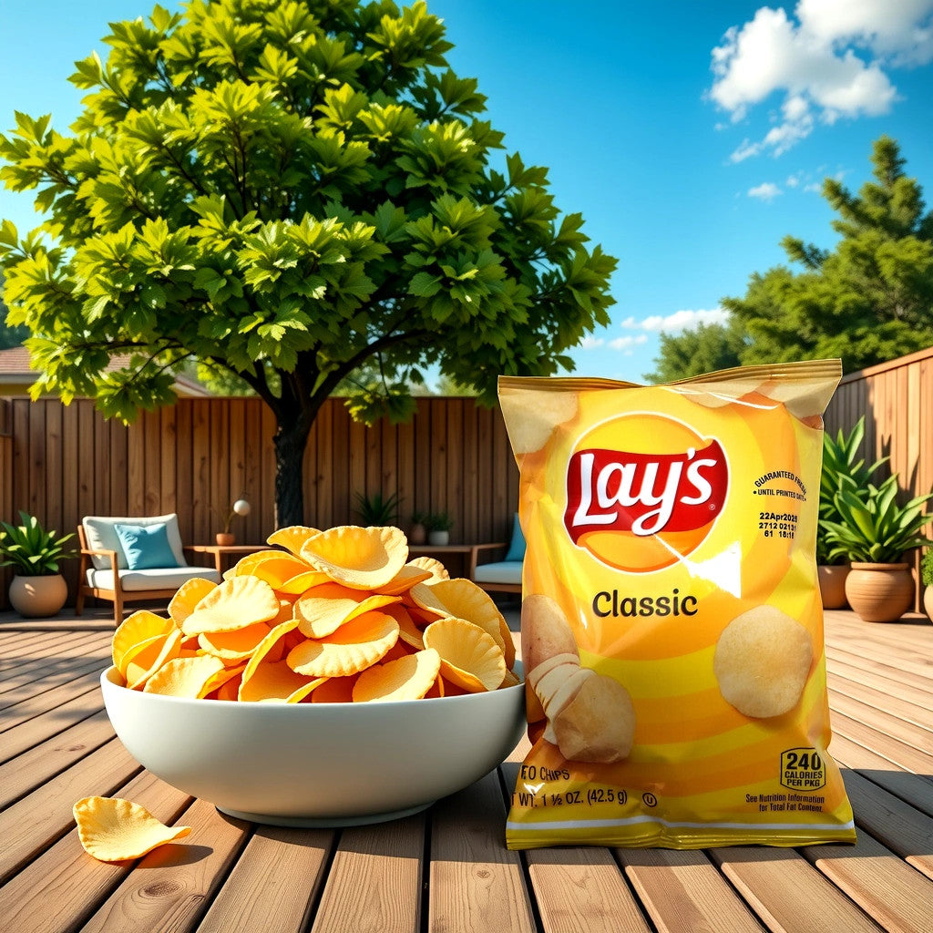 On a wooden patio table, a bowl of TOJ EXPRESS Lays Potato Chips-Classic is next to an unopened bag, ideal for outdoor snacking. In the background, a tree and chairs are positioned under a clear blue sky.
