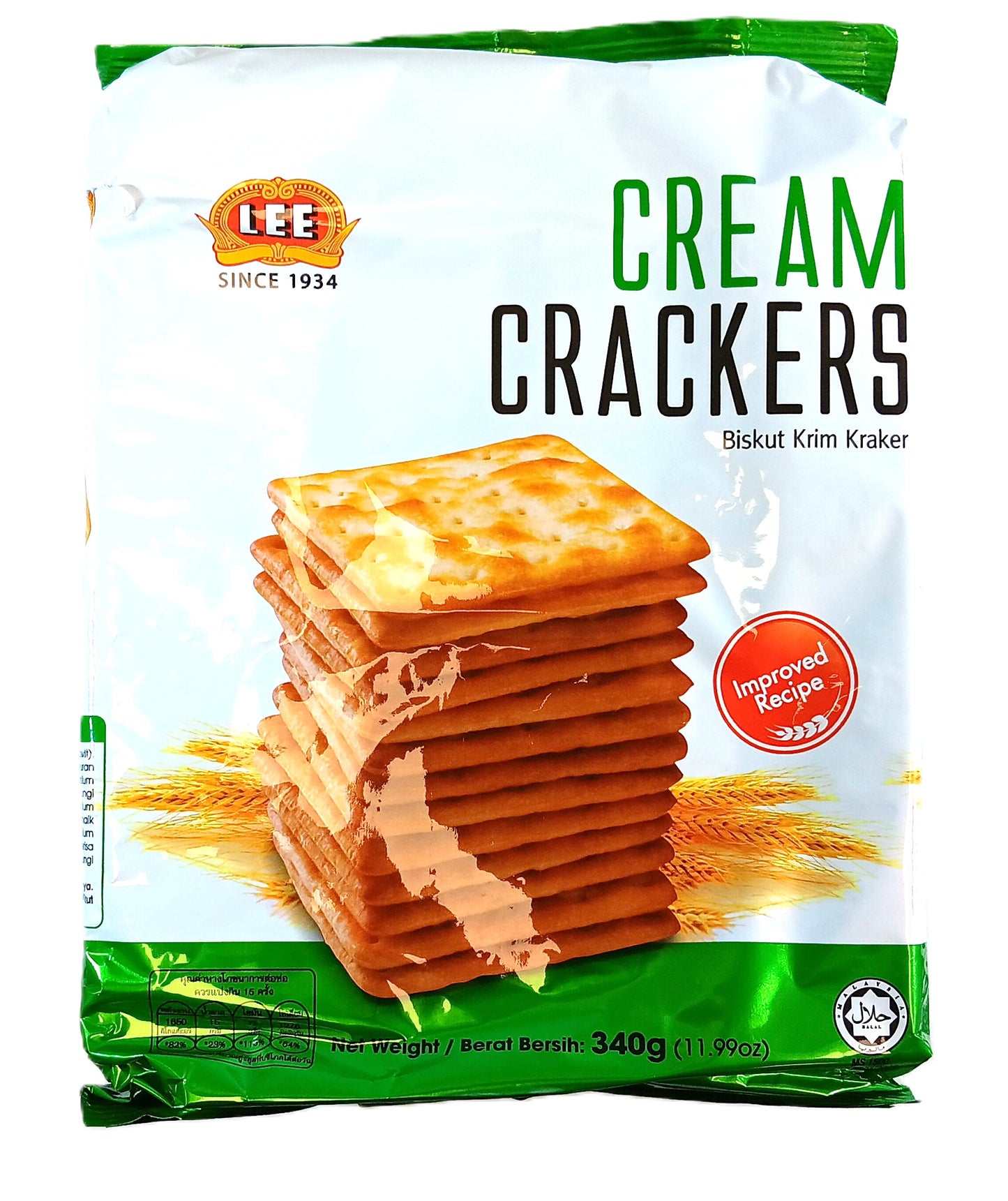 A package of Lee Cream Crackers, 340g, displaying stacked golden-brown crackers. The packaging features wheat graphics and a label indicating Improved Recipe. The bag is mainly white and green with a logo that states Since 1934.