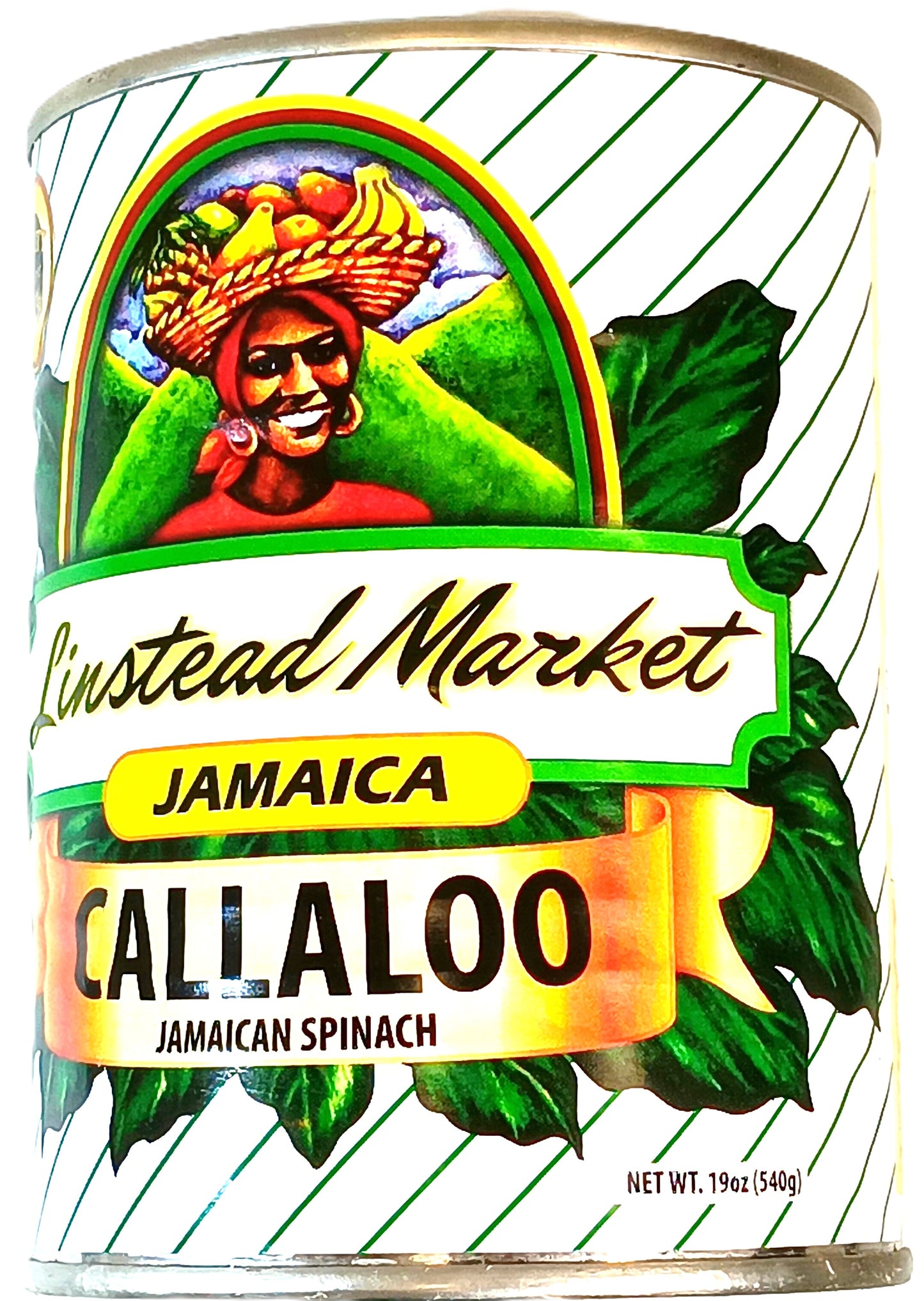 A Linstead Market Callaloo can from TOJ EXPRESS, known as Jamaican spinach, is a Caribbean staple with packaging featuring a woman adorned with fruit against lush green leaves, emphasizing its importance in a healthy diet.