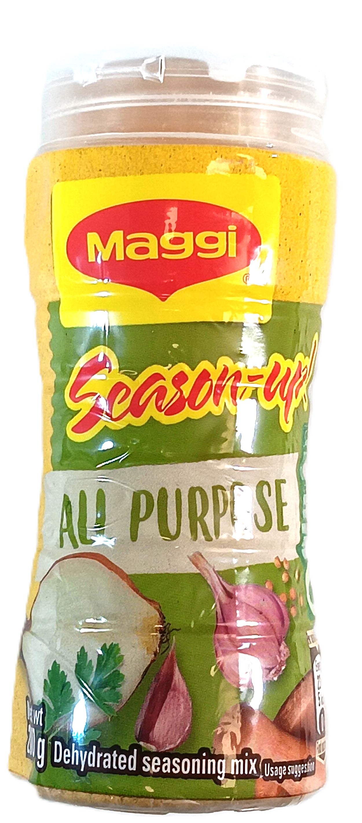 A transparent container of TOJ EXPRESSs Maggi All Purpose Seasoning displays rich herbs and spices, with a label featuring images of garlic, onions, and herbs. The pack weighs 200g.
