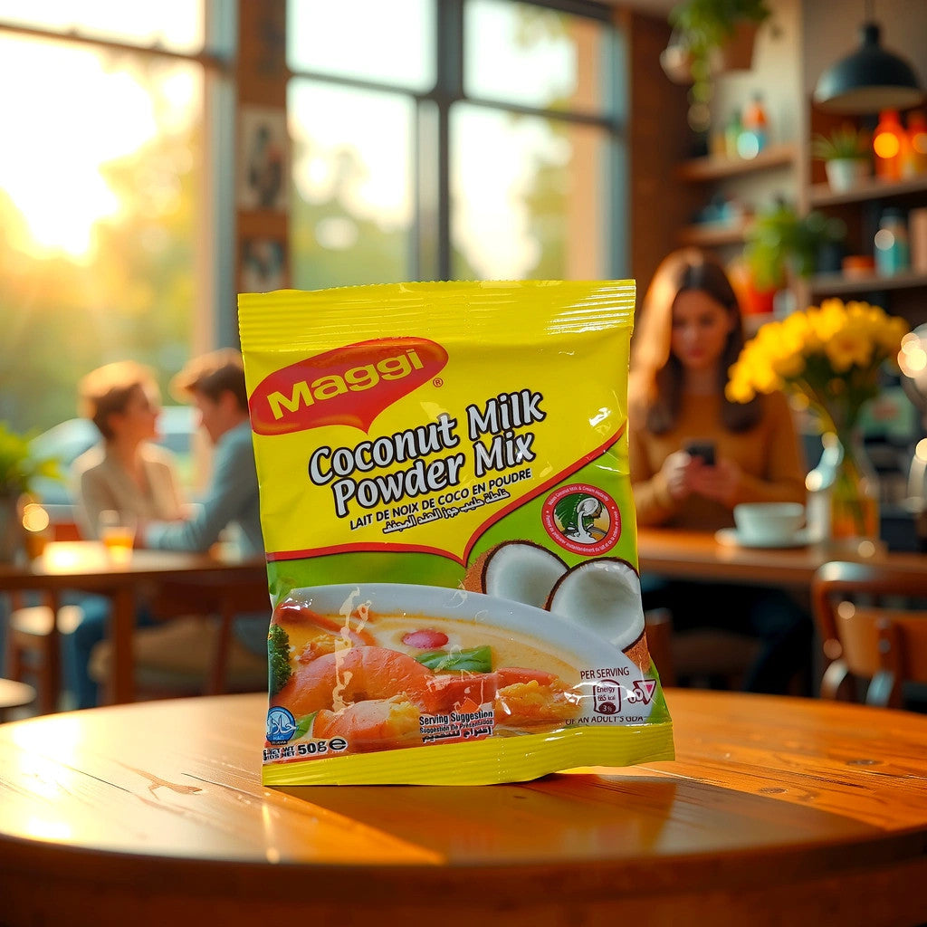 The yellow TOJ EXPRESS Maggi Coconut Milk packet displays the brand logo at the top, an enticing dish with vegetables, two coconut halves, and essential serving size and nutritional information, capturing its tropical flavor for coconut milk enthusiasts.