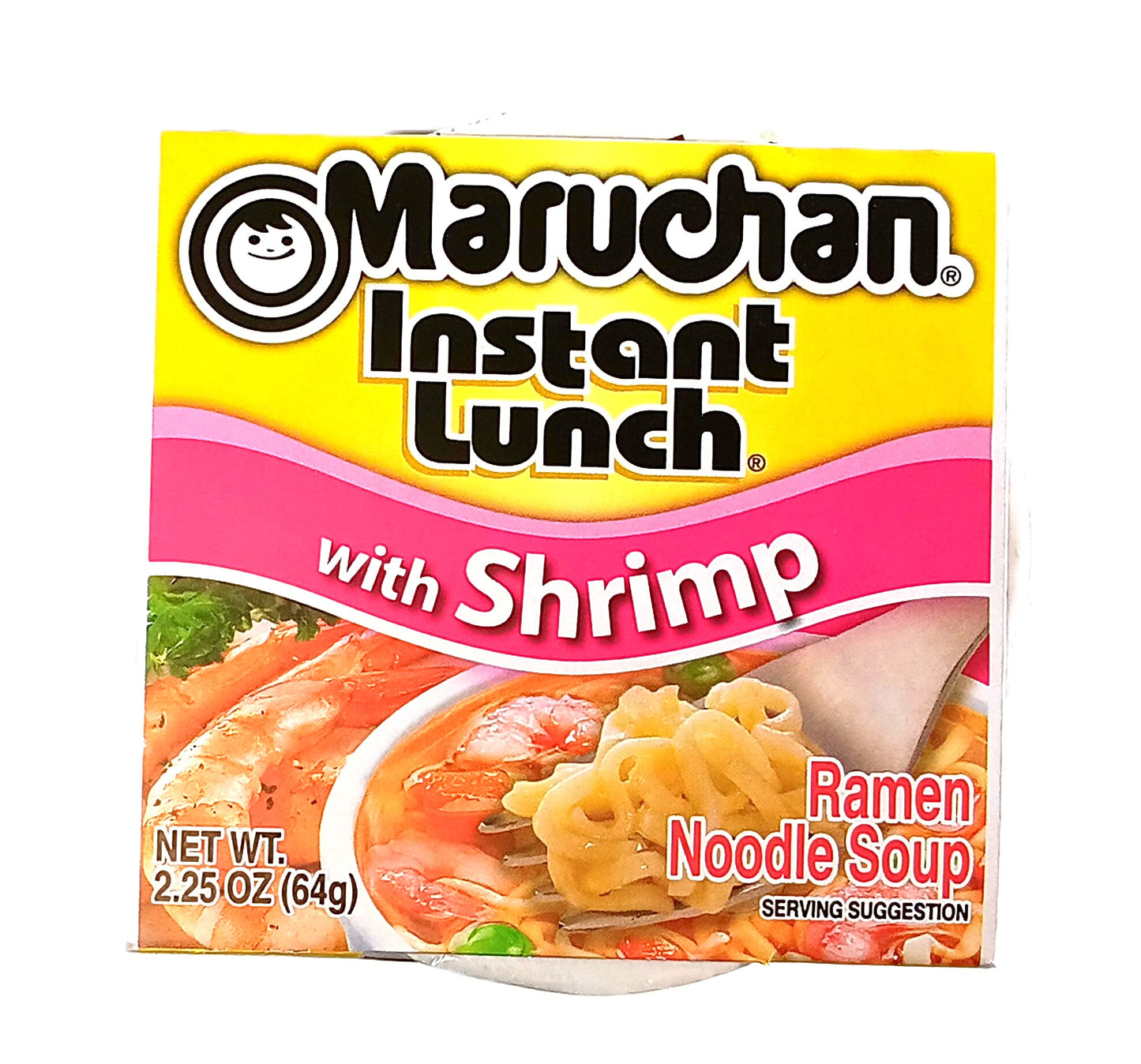 A package of TOJ EXPRESS Maruchan Cup Instant Lunch (Shrimp Flavor) featuring a vibrant shrimp ramen noodle soup image and serving suggestion. Net weight: 2.25 oz (64g).