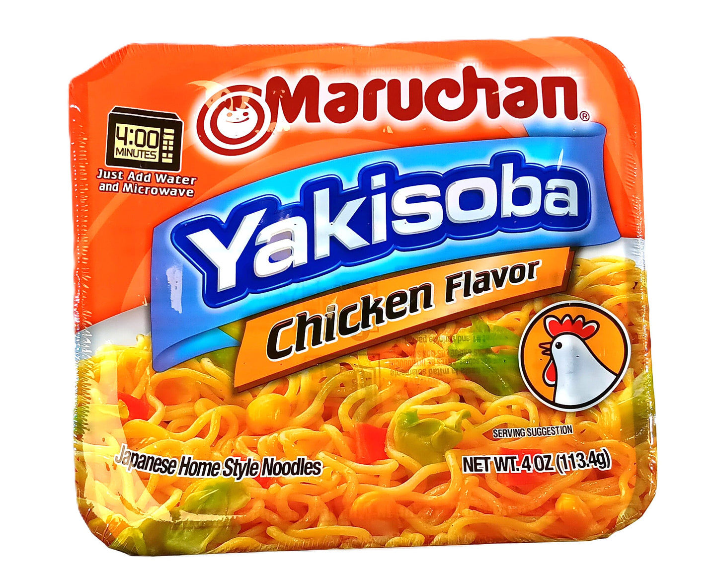 TOJ EXPRESS Maruchan Yakisoba (Chicken Flavor) instant noodles come in orange packaging with noodles, a cartoon chicken, and cooking instructions. Just add water and microwave for Japanese home-style noodles is stated on the package.