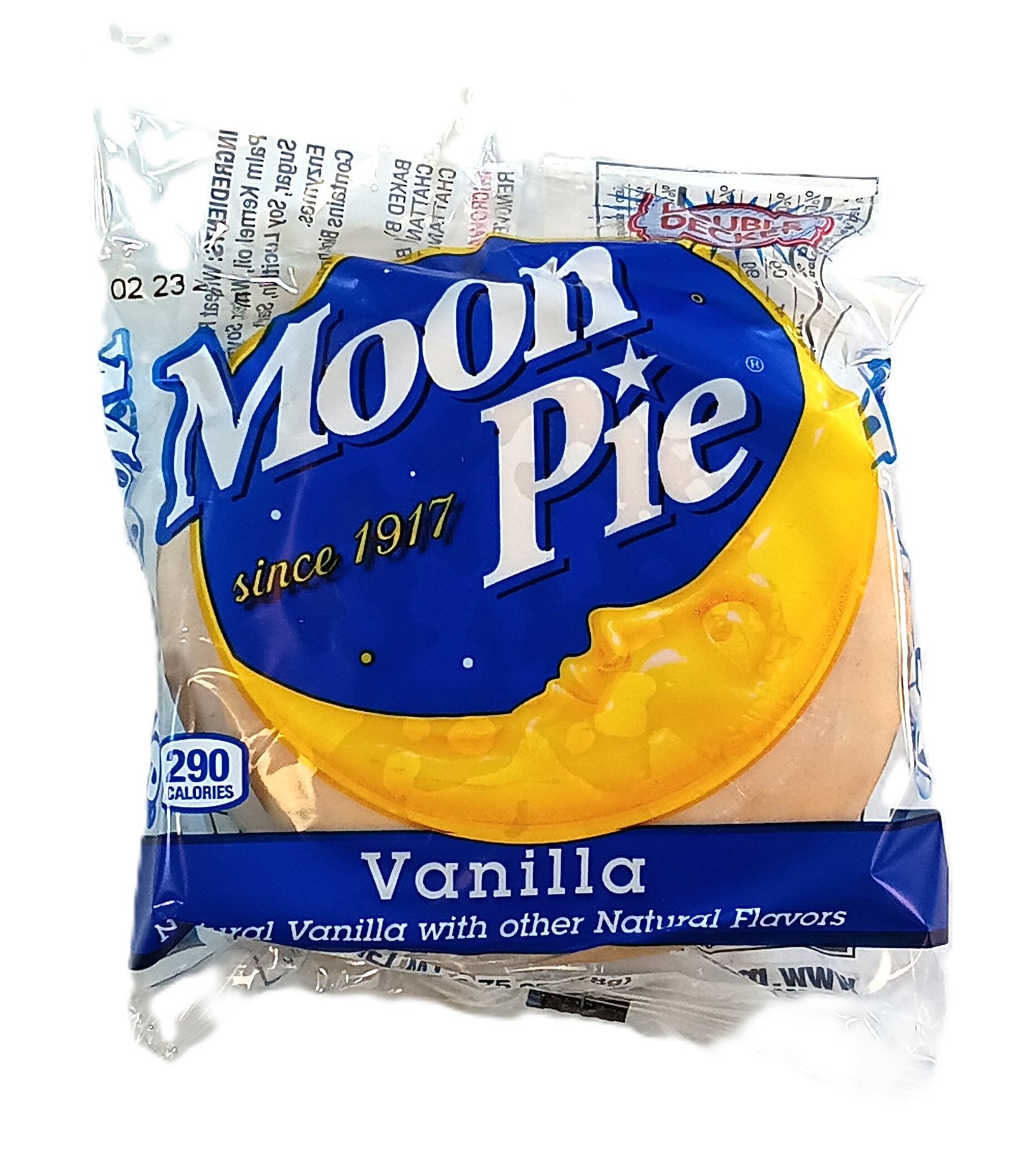 A packaged vanilla Moon Pie from TOJ EXPRESS is a delicious treat crafted with the finest ingredients. It features a blue label with a yellow crescent moon, proudly displaying since 1917 and noting 290 calories.
