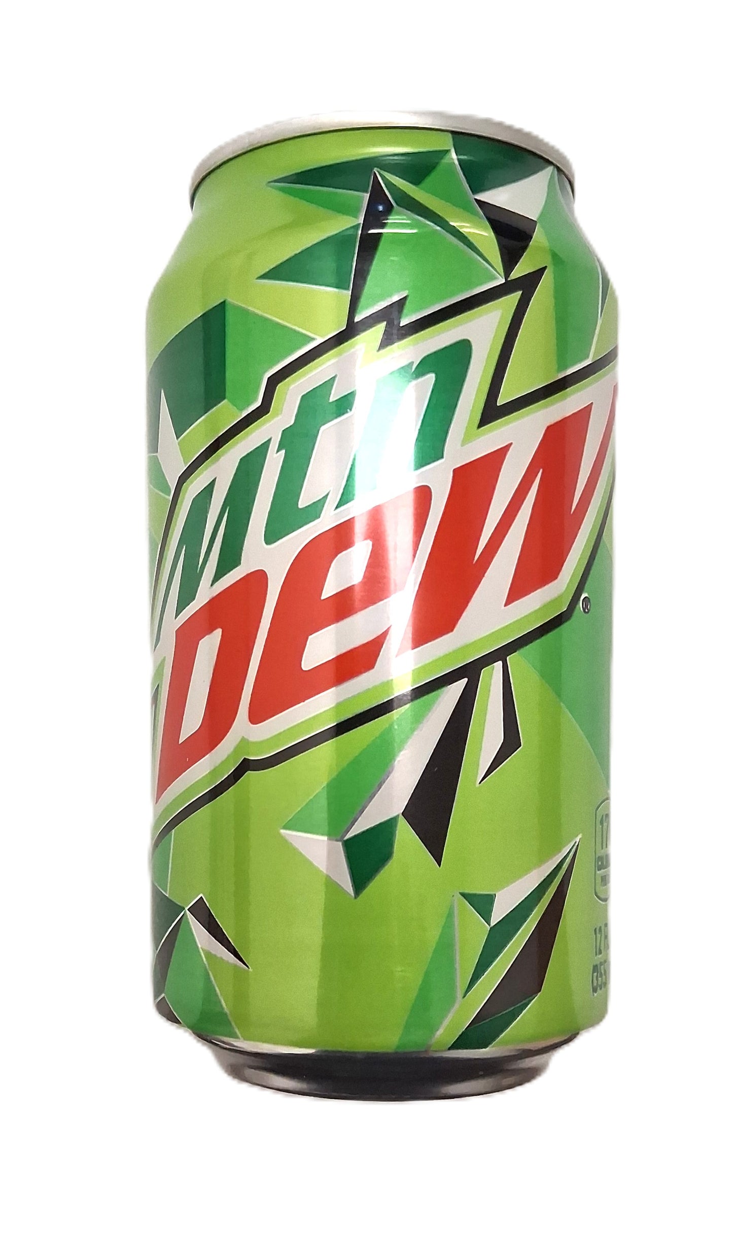 The TOJ EXPRESS Mountain Dew Soda (12 oz) can features dark and light green geometric designs, with the brand name in white and red text, capturing a refreshing taste made with real sugar.