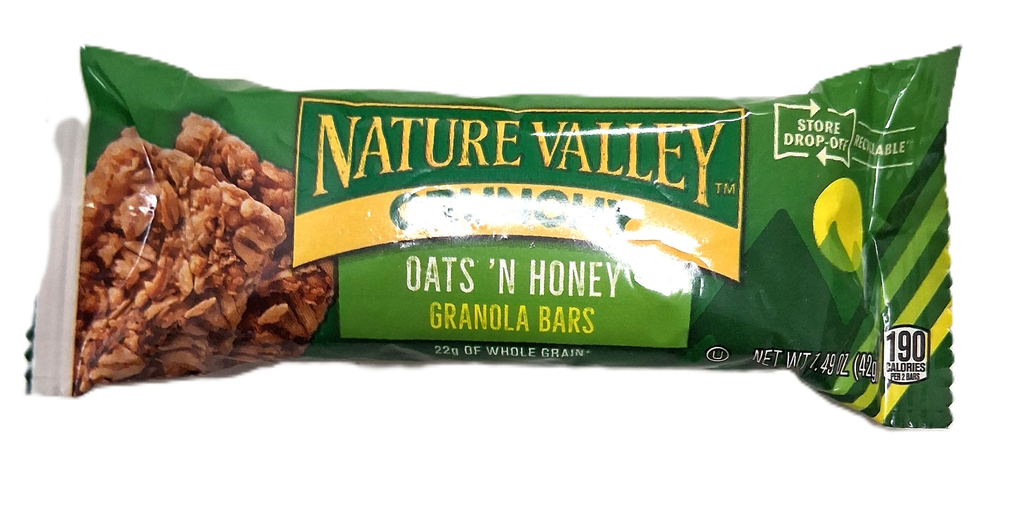 A TOJ EXPRESS Nature Valley Oats N Honey granola bar in vibrant green packaging features the iconic logo, mouth-watering granola image, and highlights 22g of whole grain and 190 calories per bar.
