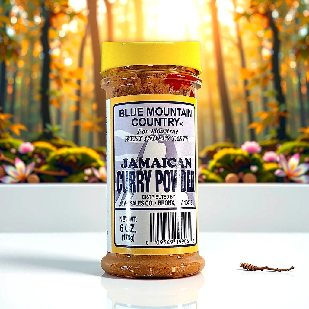 A jar of TOJ EXPRESS Blue Mountain Curry Powder (Mild) rests on a white surface, enveloped by blurred greenery and flowers. Sunlight filters through the trees, casting warmth over this seasoning, ideal for adding vibrant flavors to your dishes.