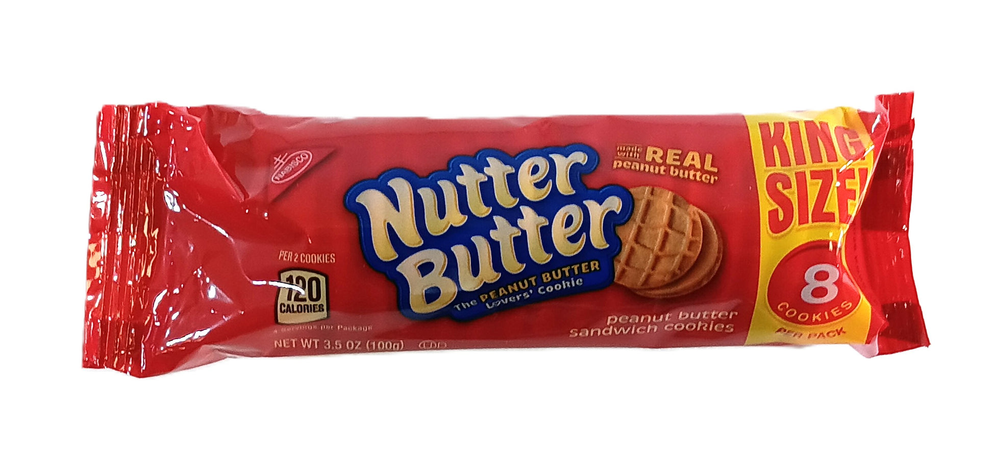 The Nabisco Nutter Butter by TOJ EXPRESS is a king-size peanut butter sandwich cookie with a nutty flavor and crispy texture. Its red wrapper highlights The Real Peanut Butter and displays the calorie count per two cookies, ensuring each bite is delightful.
