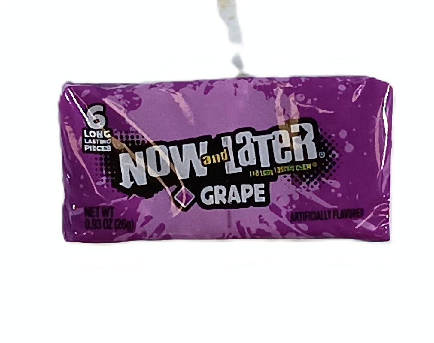 A TOJ EXPRESS Now & Later (Grape) candy package displays its front label with six long-lasting, individually wrapped pieces. The packaging is mainly purple with striking white and black text.