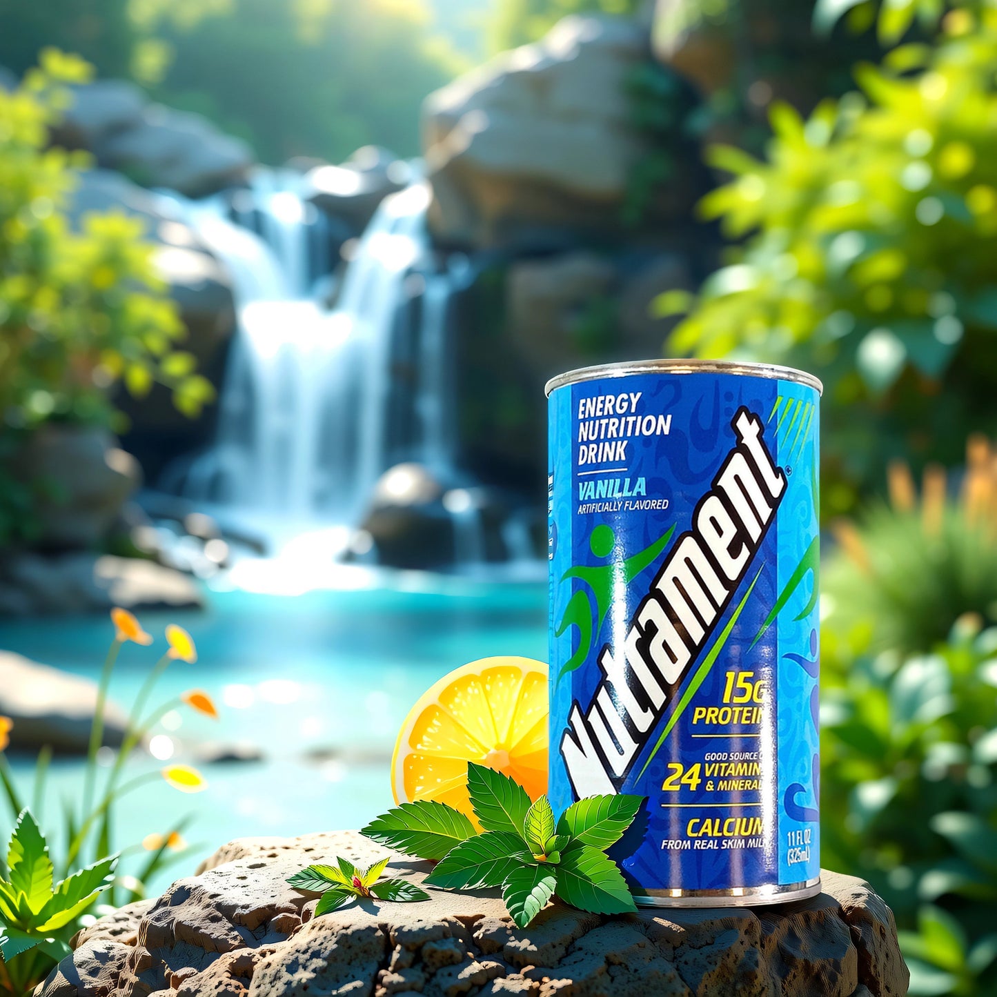 The Nutrament_Vanilla Flavor by TOJ EXPRESS offers a nutritious vanilla energy drink in a blue can with green and white accents. It contains 15g of protein, 24 vitamins and minerals, calcium from real skim milk, and the can holds 11 fl oz (325 ml).