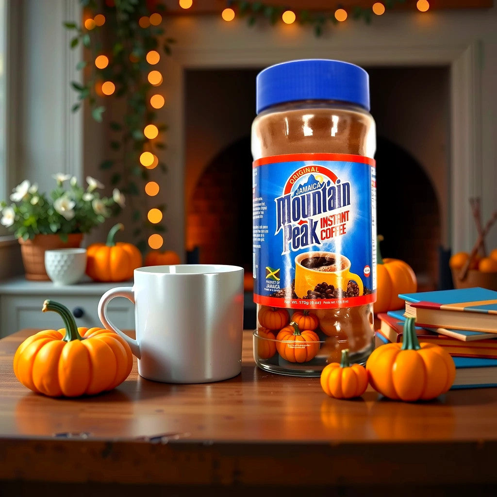 A jar of TOJ EXPRESS Mountain Peak Instant Coffee (6oz) and a white mug sit on a wooden table surrounded by small pumpkins, with books nearby. A fireplace with twinkling lights and plants in the background completes the cozy autumn ambiance.