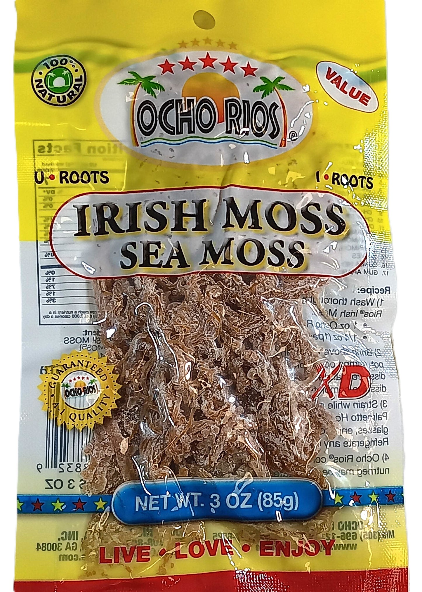 The OchoRios Sea Moss Pack by TOJ EXPRESS, branded as Value and labeled 100% sea moss roots, supports a healthy immune system. Weighing 3 oz (85g), its yellow and clear packaging displays dried sea moss with the slogan Live, Love, Enjoy at the bottom.