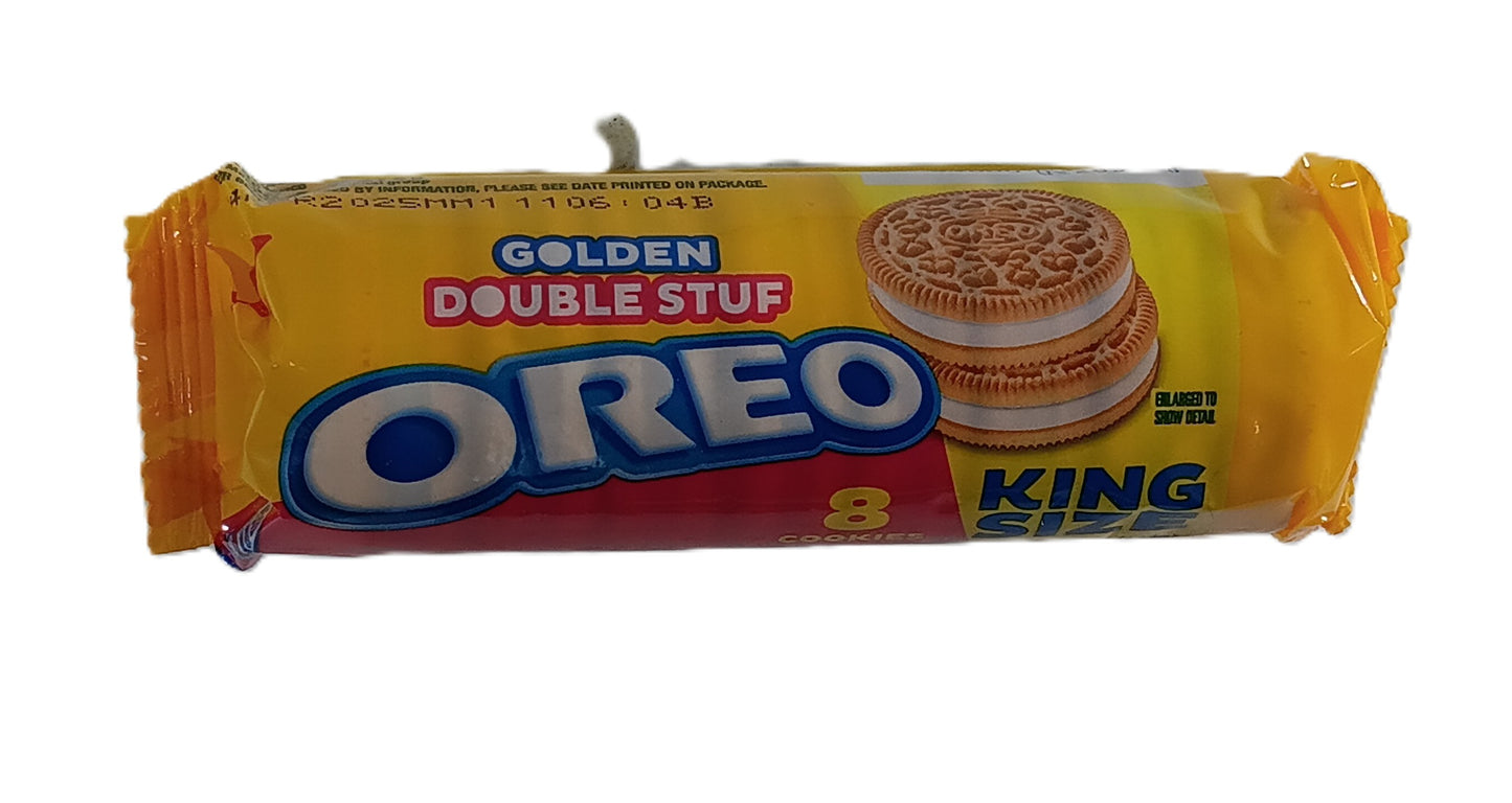 A bright yellow king-size package of TOJ EXPRESS Nabisco Oreo Golden Double Stuff cookies features an image of the crispy cookie sandwiches on the front and contains 8 cookies with creamy filling, highlighted in blue and orange lettering.