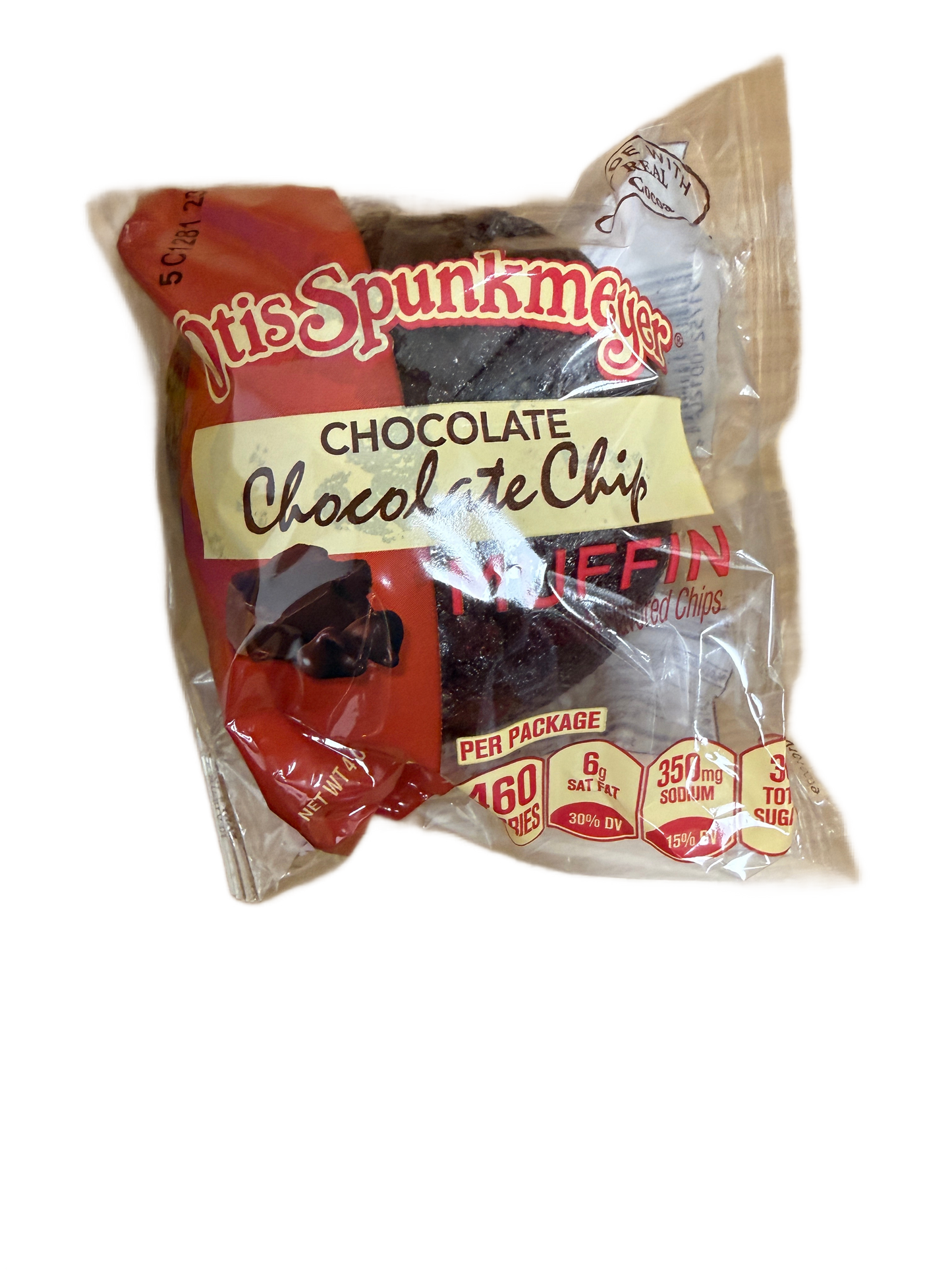 The Otis Spunkmeyer - Chocolate Chip Muffin by TOJ EXPRESS packs 460 calories, 6g saturated fat, 350mg sodium, and 31g total sugars per serving, making it a tempting treat for chocolate lovers. Nutritional info is on the wrapper.