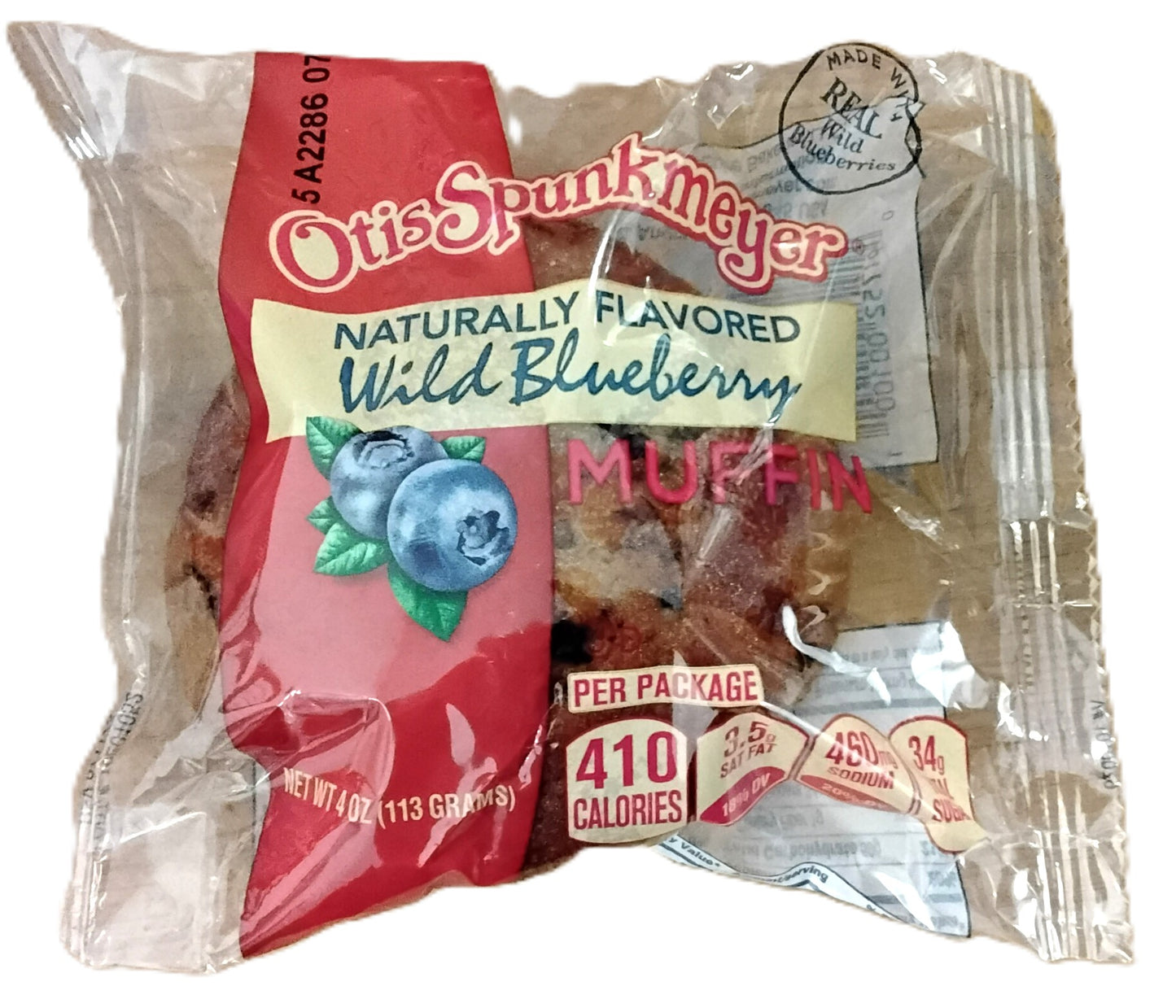Packaged muffin with Otis Spunkmeyer branding and wild blueberry flavor indication.