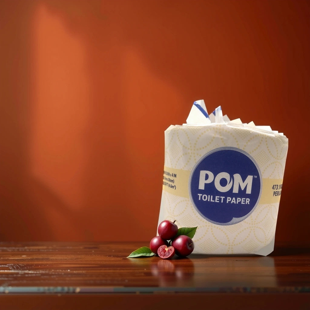 A POM Toilet Paper pack from TOJ EXPRESS, made with soft and durable materials, is positioned on a wooden surface against an orange background. Three cranberries are beside it, one sliced to reveal its interior.