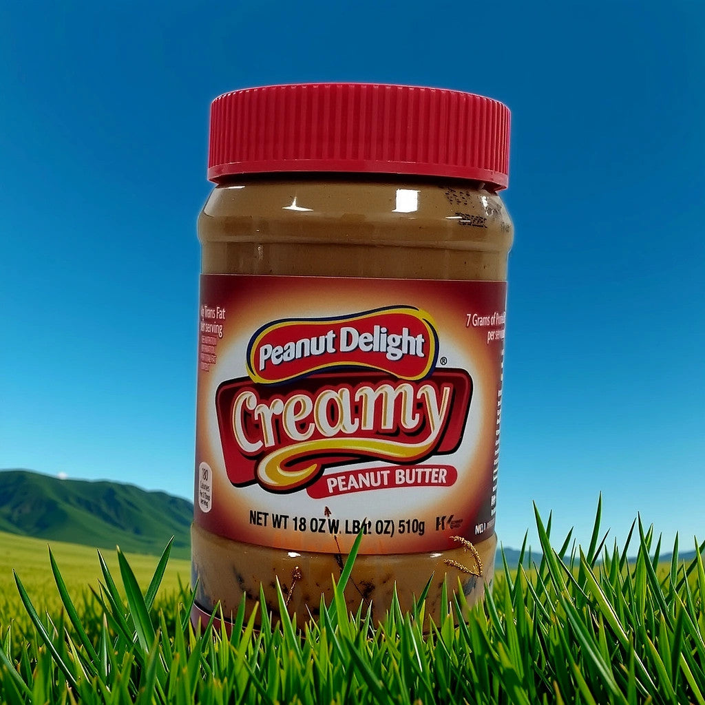 A jar of TOJ EXPRESS Peanut Delight Creamery Peanut Butter rests in tall green grass, its rich roasted peanut flavor shining under a clear blue sky with distant hills in the background.