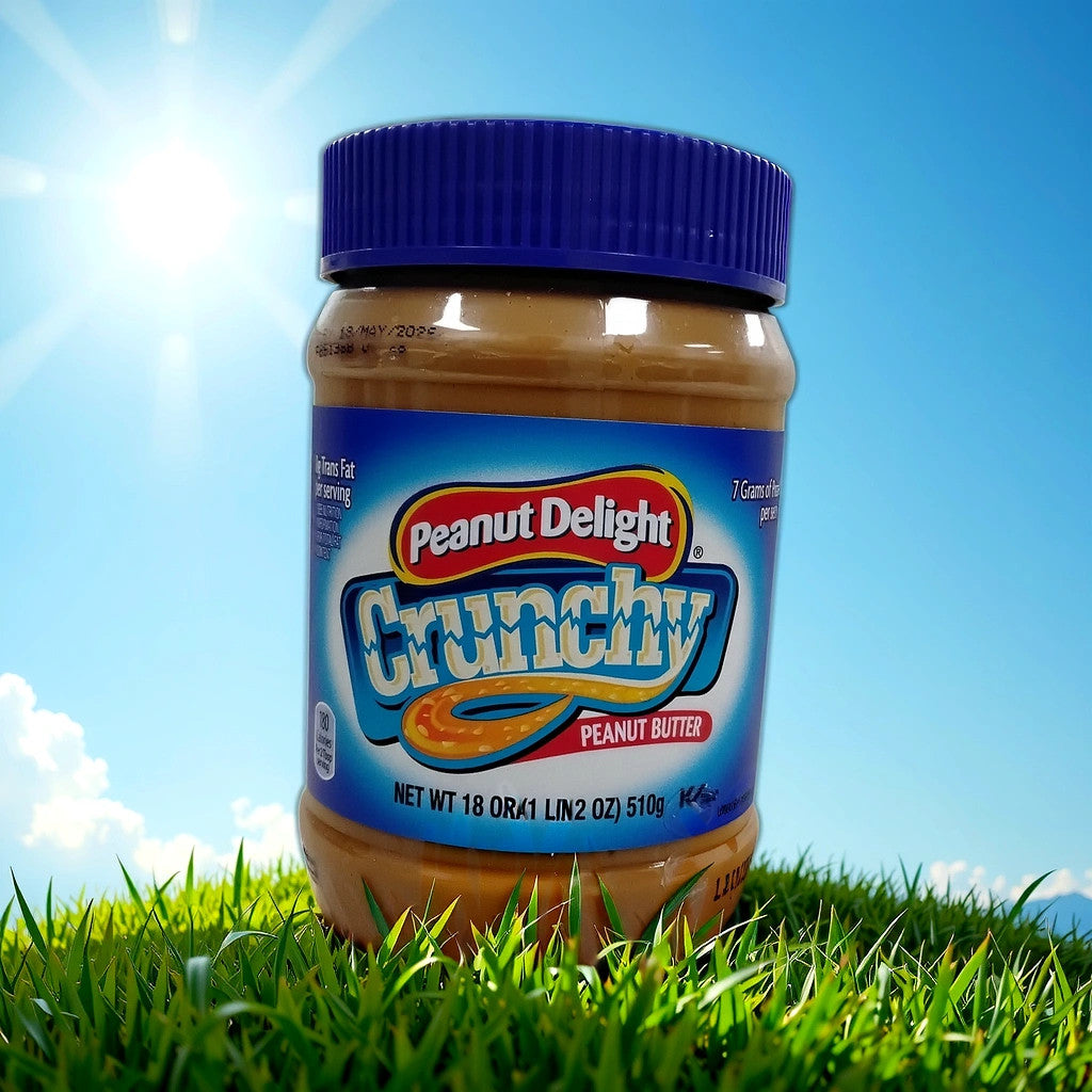 A jar of TOJ EXPRESS Peanut Delight Crunchy Peanut Butter sits on green grass under a bright blue sky, its label clearly visible, ready to bring bold flavor and vibrant color to snack time.
