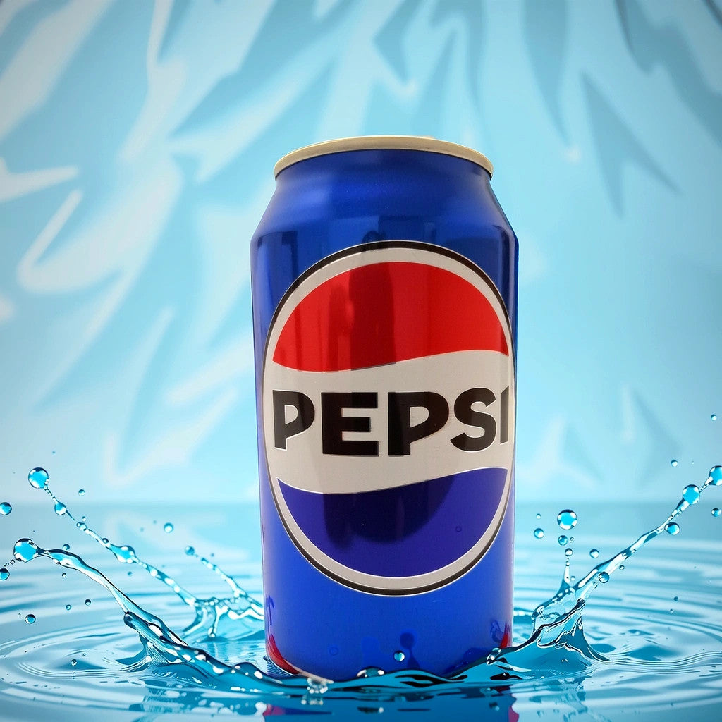 A Pepsi Cola can from TOJ EXPRESS stands upright, surrounded by splashing water against an abstract light blue backdrop, highlighting a refreshing beverage experience.